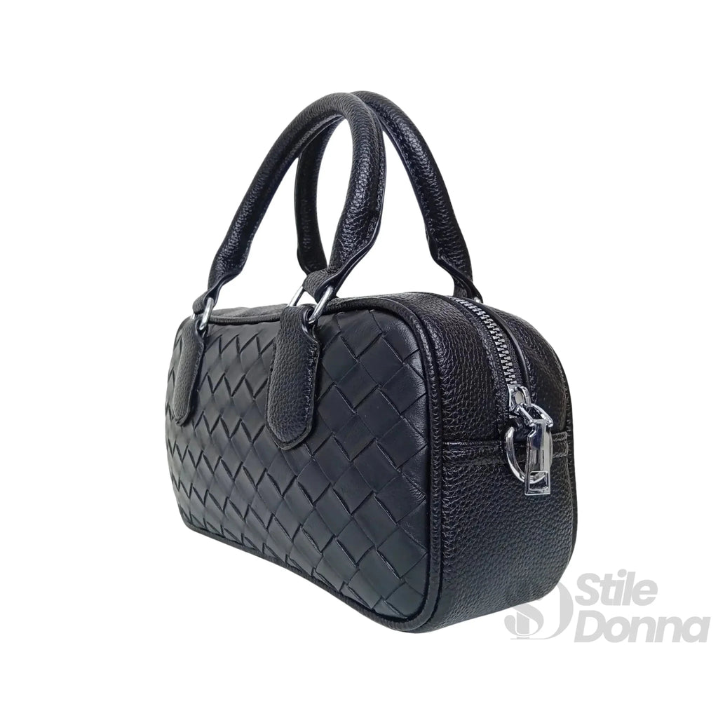 Borsa a Cilindro Intrecciata in Ecopelle Nera con Fodera Microfibra - Stile Donna Bags