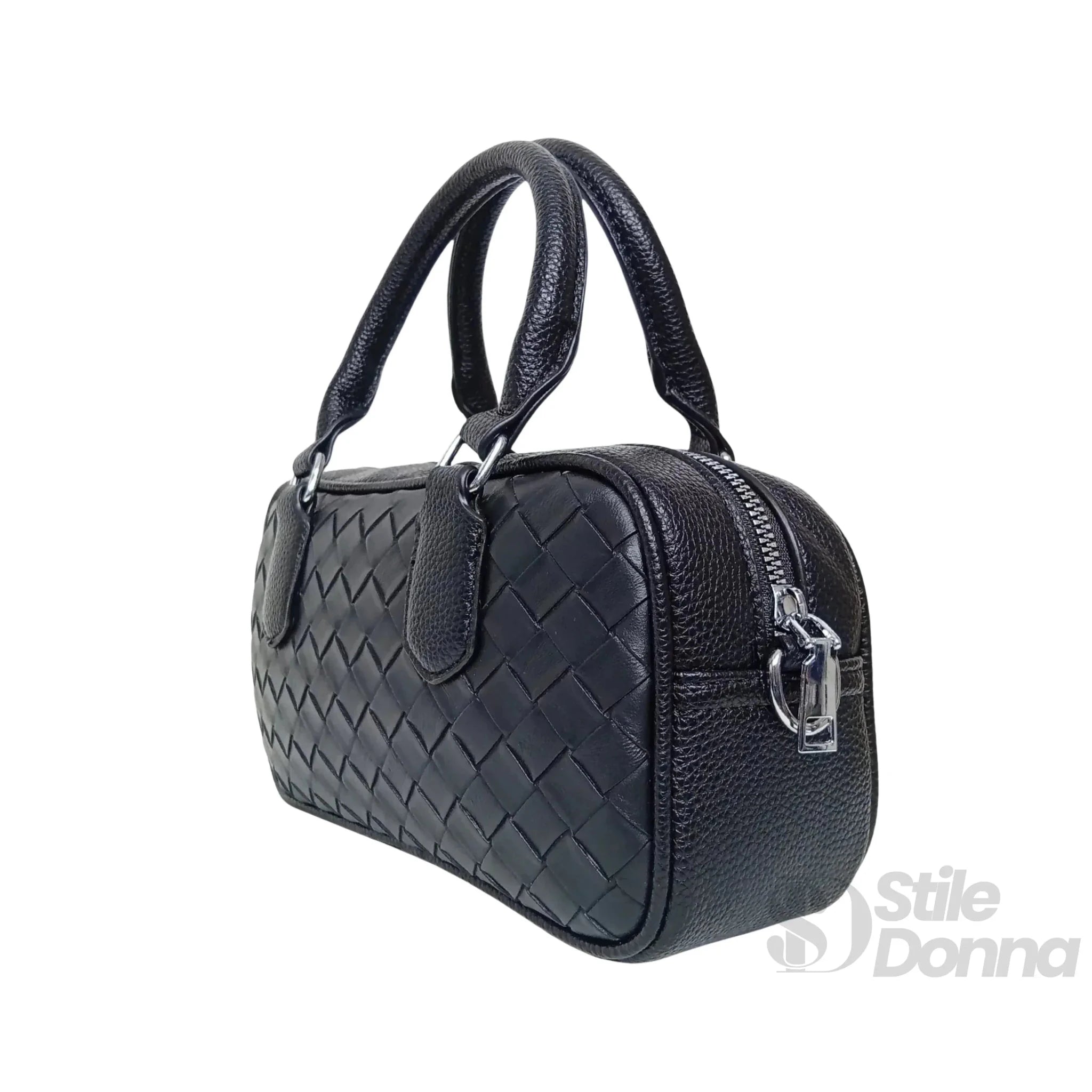 Borsa a Cilindro Intrecciata in Ecopelle Nera con Fodera Microfibra - Stile Donna Bags