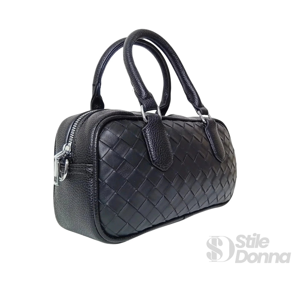 Borsa a Cilindro Intrecciata in Ecopelle Nera con Fodera Microfibra - Stile Donna Bags