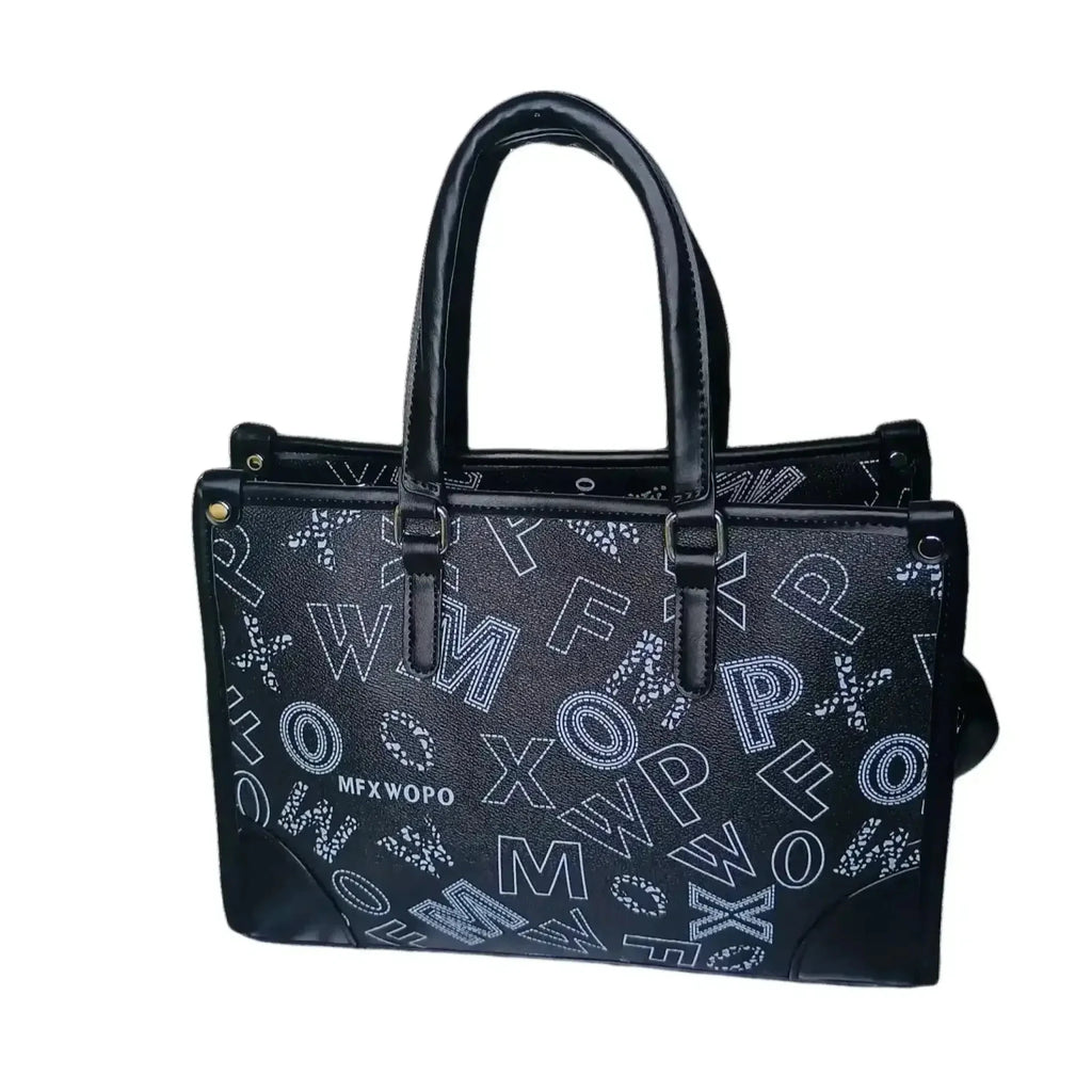 Borsa a Mano Nera con Stampa e Tracolla in Ecopelle - Stile Donna Bags