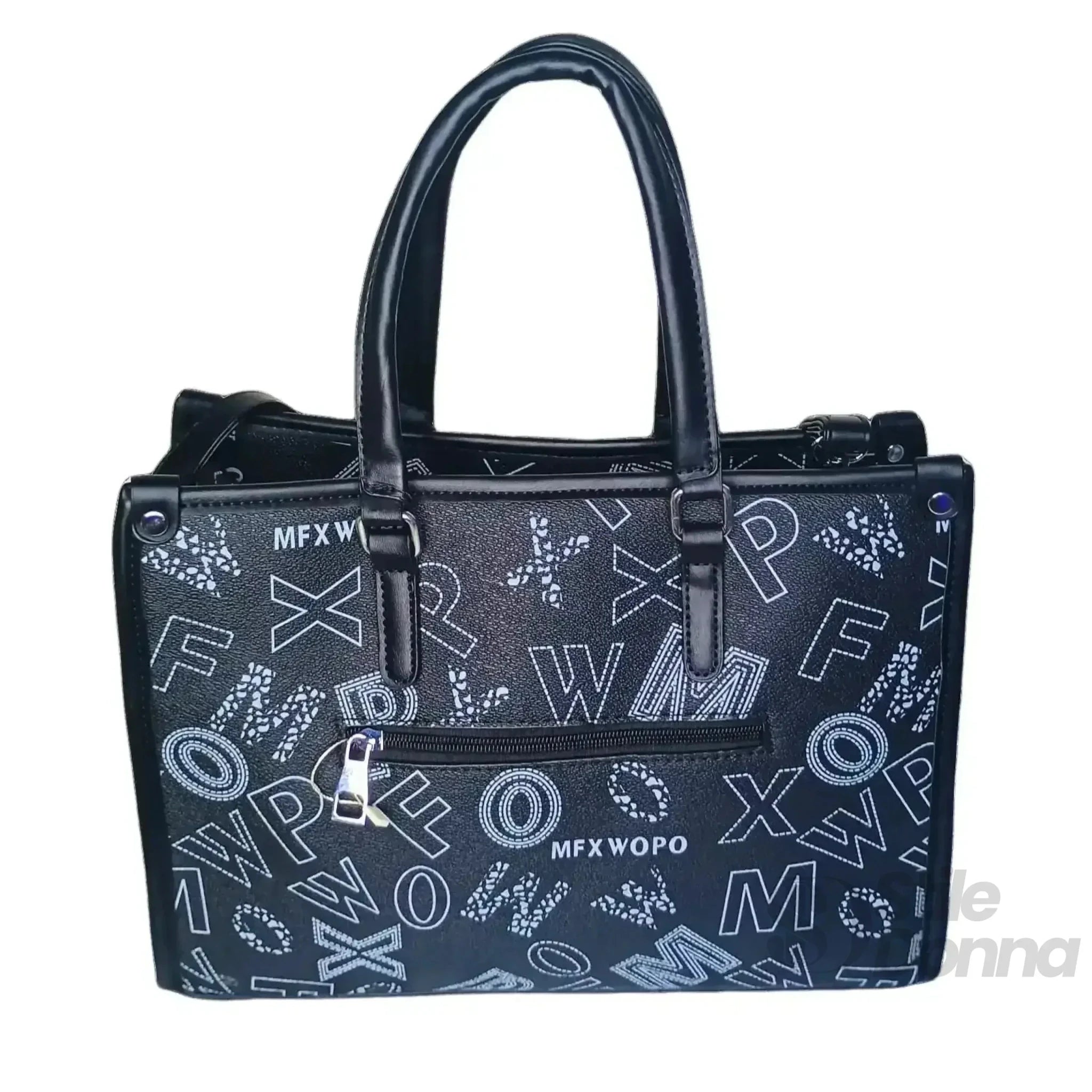 Borsa a Mano Nera con Stampa e Tracolla in Ecopelle - Stile Donna Bags