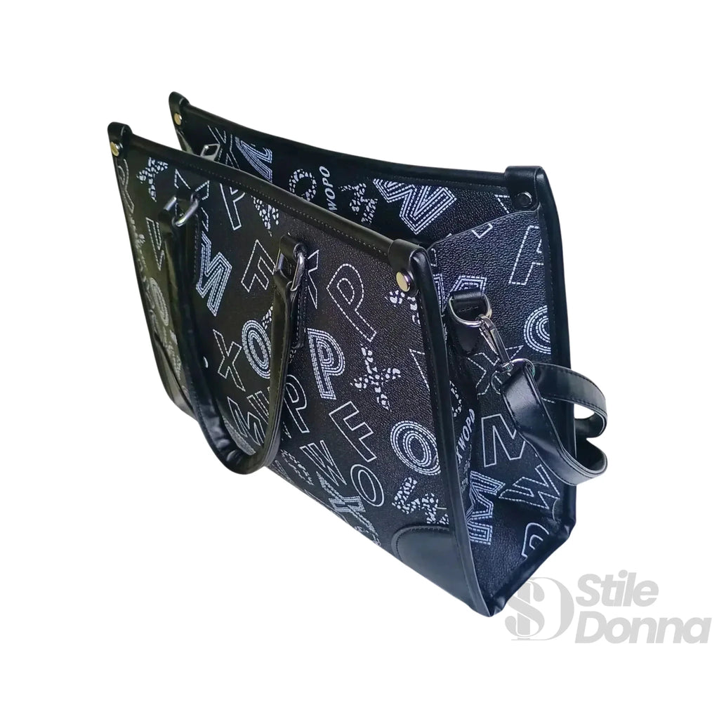 Borsa a Mano Nera con Stampa e Tracolla in Ecopelle - Stile Donna Bags