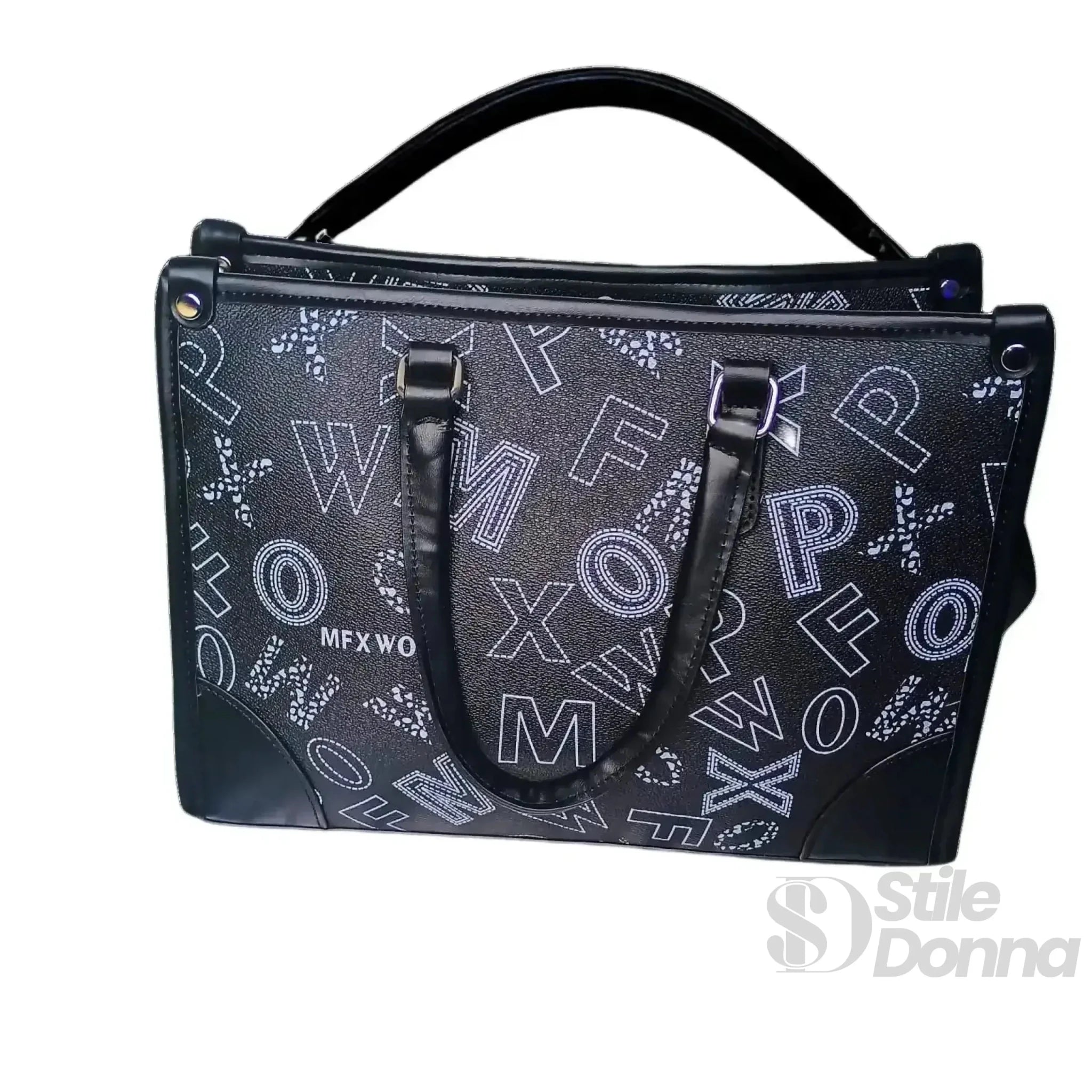 Borsa a Mano Nera con Stampa e Tracolla in Ecopelle - Stile Donna Bags