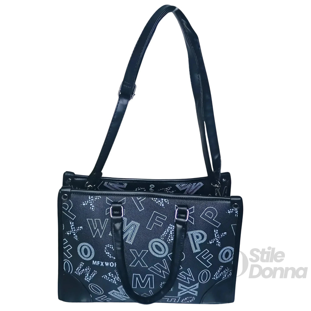 Borsa a Mano Nera con Stampa e Tracolla in Ecopelle - Stile Donna Bags