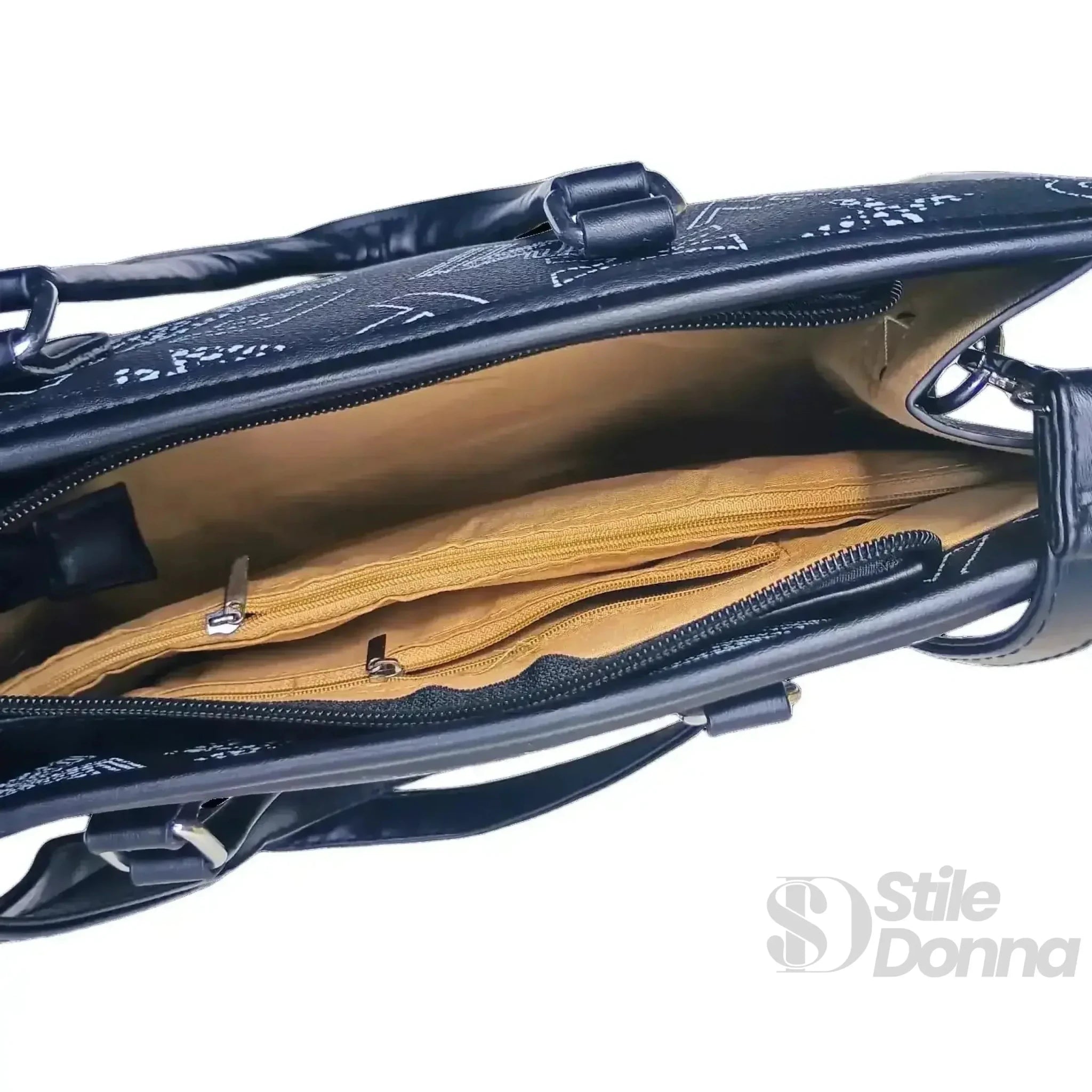 Borsa a Mano Nera con Stampa e Tracolla in Ecopelle - Stile Donna Bags