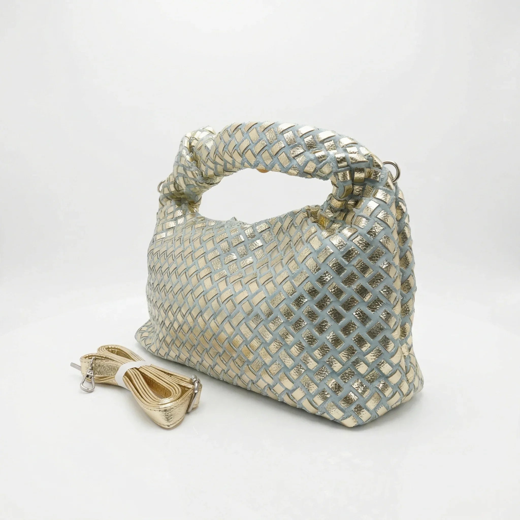 Borsa a Mano con Manico a Nodo Intrecciato in Ecopelle Argento e Oro - Stile Donna Bags