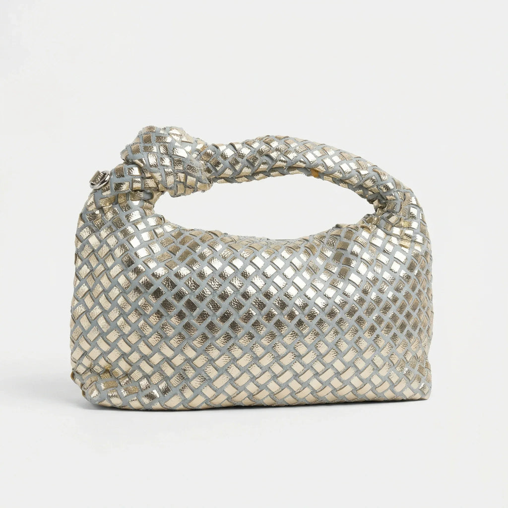 Borsa a Mano con Manico a Nodo Intrecciato in Ecopelle Argento e Oro - Stile Donna Bags