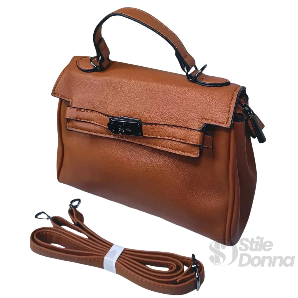 Borsa a Mano in Ecopelle Marrone con Tracolla Rimovibile - Stile Donna Bags
