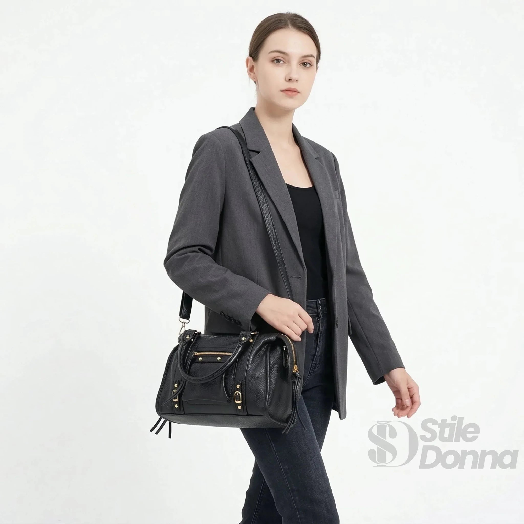Borsa a Mano in Ecopelle Nera con Hardware Dorato - Stile Donna Bags