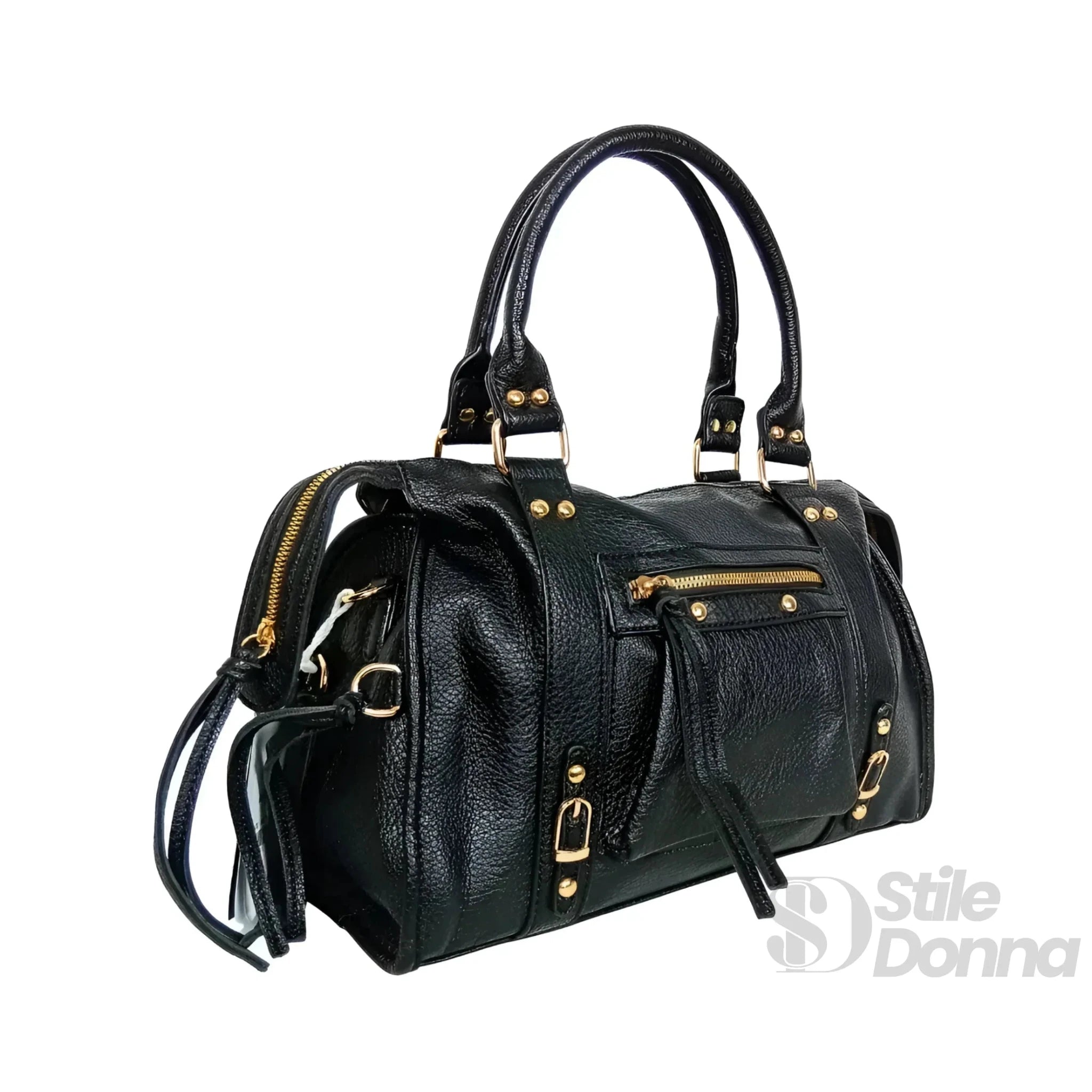 Borsa a Mano in Ecopelle Nera con Hardware Dorato - Stile Donna Bags