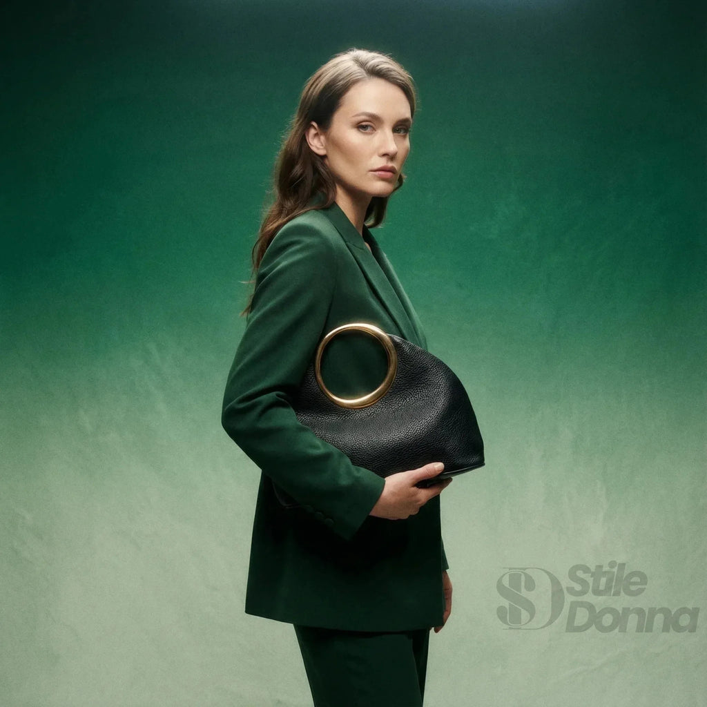 Borsa a Mano in Ecopelle con Manico Circolare Dorato - Stile Donna Bags