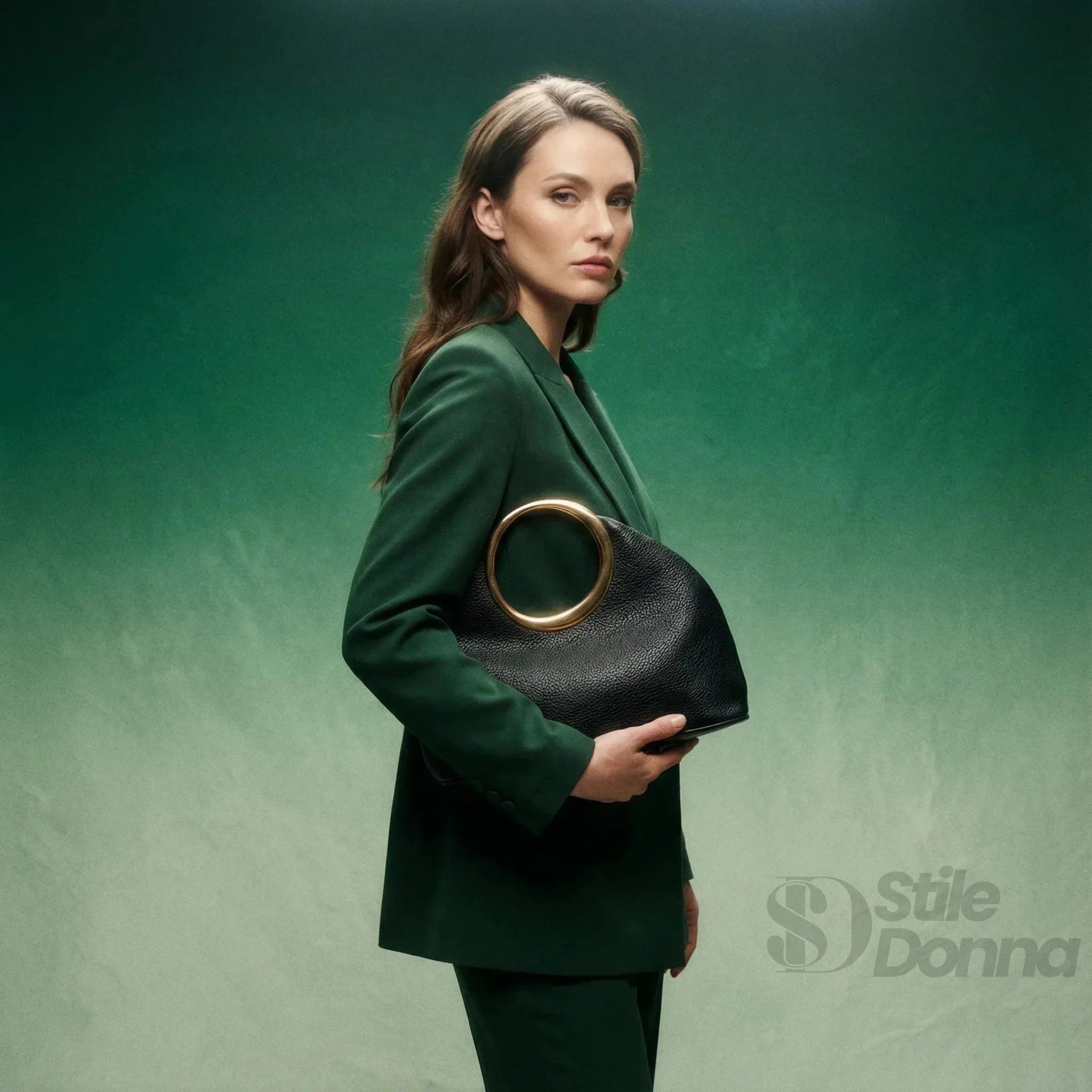Borsa a Mano in Ecopelle con Manico Circolare Dorato - Stile Donna Bags