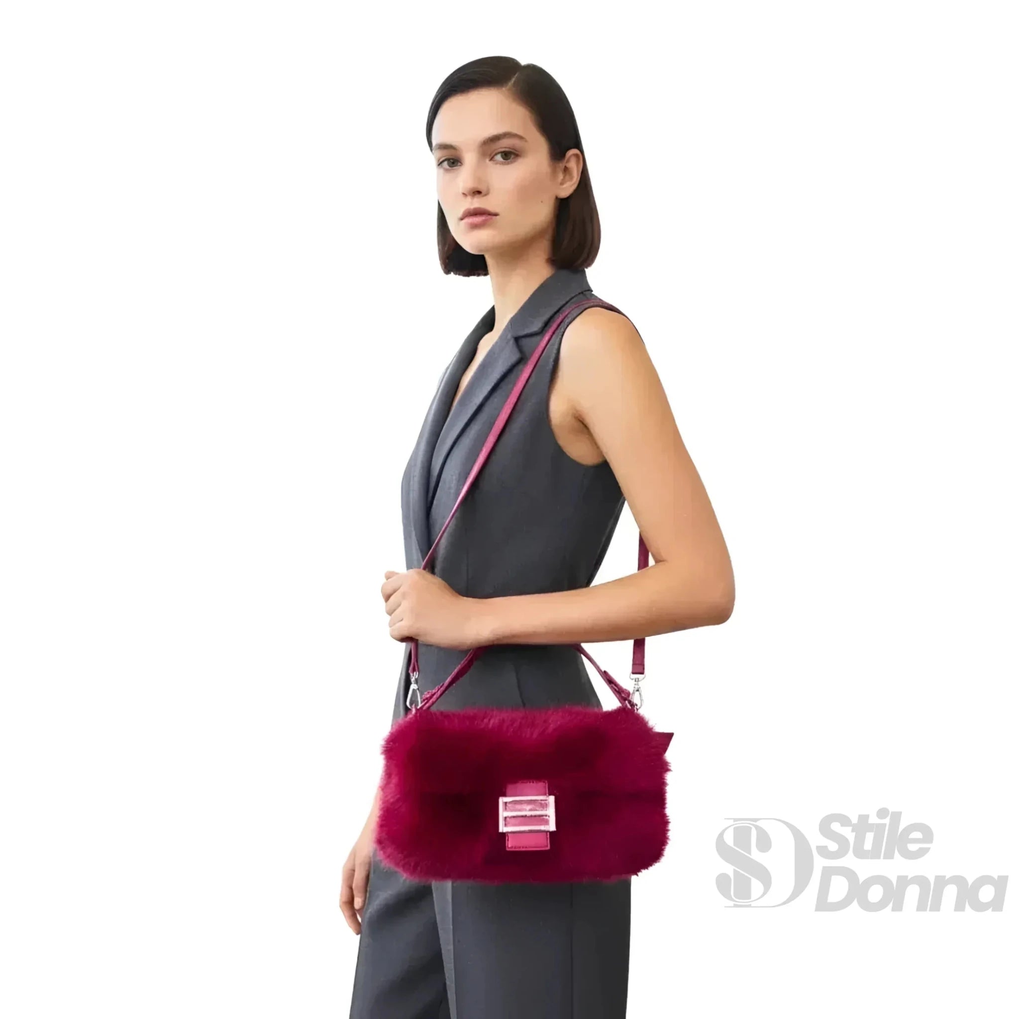 Borsa a Mano in Pelliccia Sintetica Fucsia con Manico e Chiusura Magnetica - Stile Donna Bags