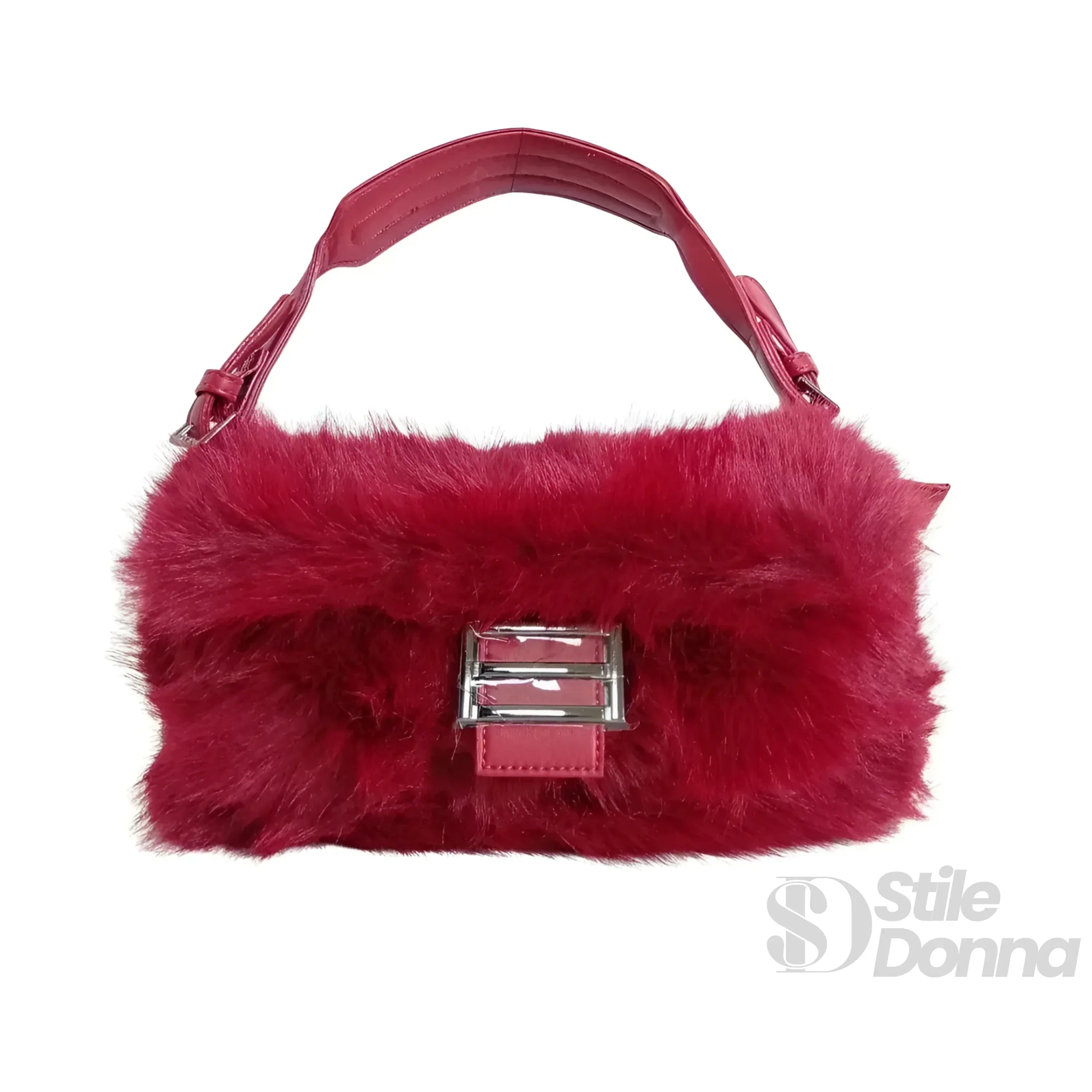 Borsa a Mano in Pelliccia Sintetica Fucsia con Manico e Chiusura Magnetica - Stile Donna Bags