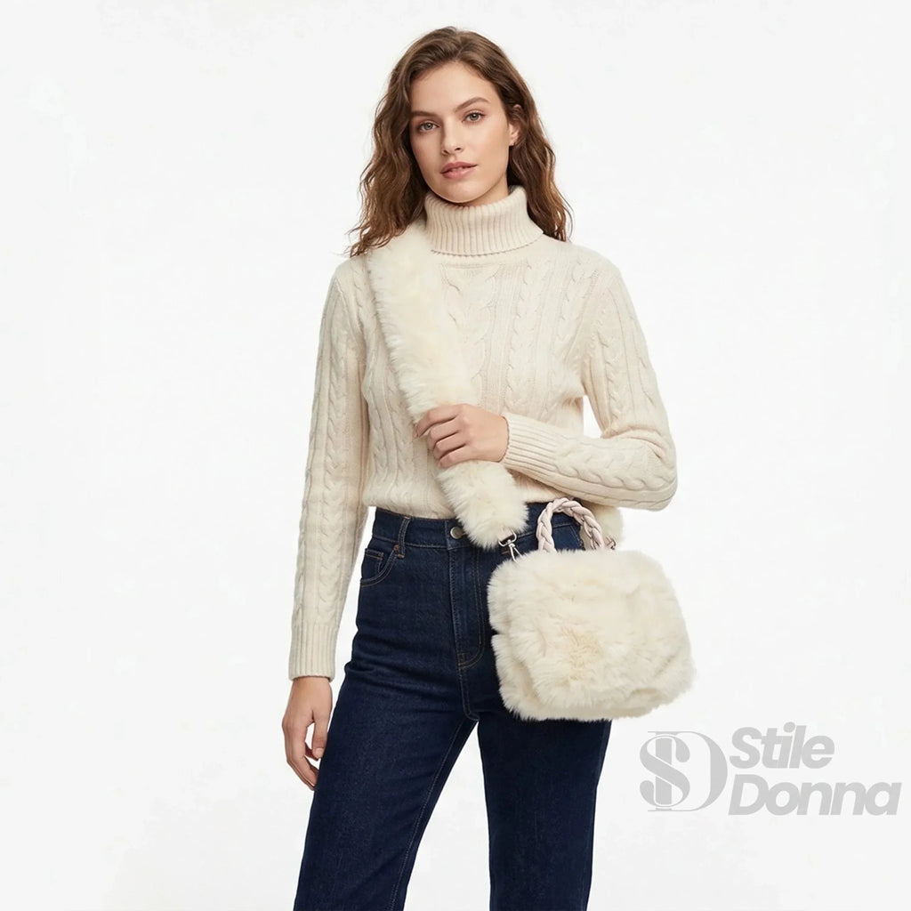 Borsa a Mano in Pelliccia Sintetica con Manico e Chiusura a Cerniera - Stile Donna Bags
