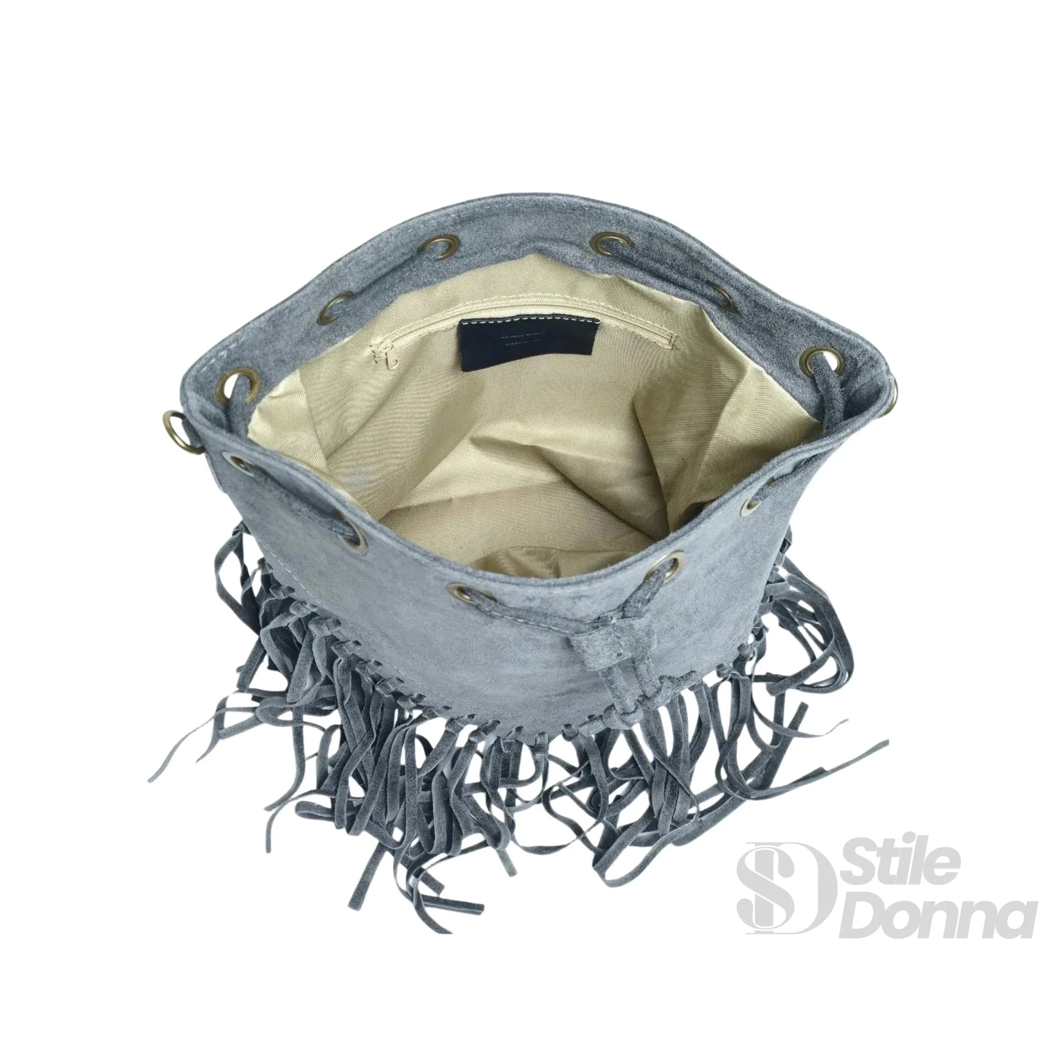 Borsa a Secchiello in Pelle Scamosciata con Frange e Tracolla Regolabile - Stile Donna Bags