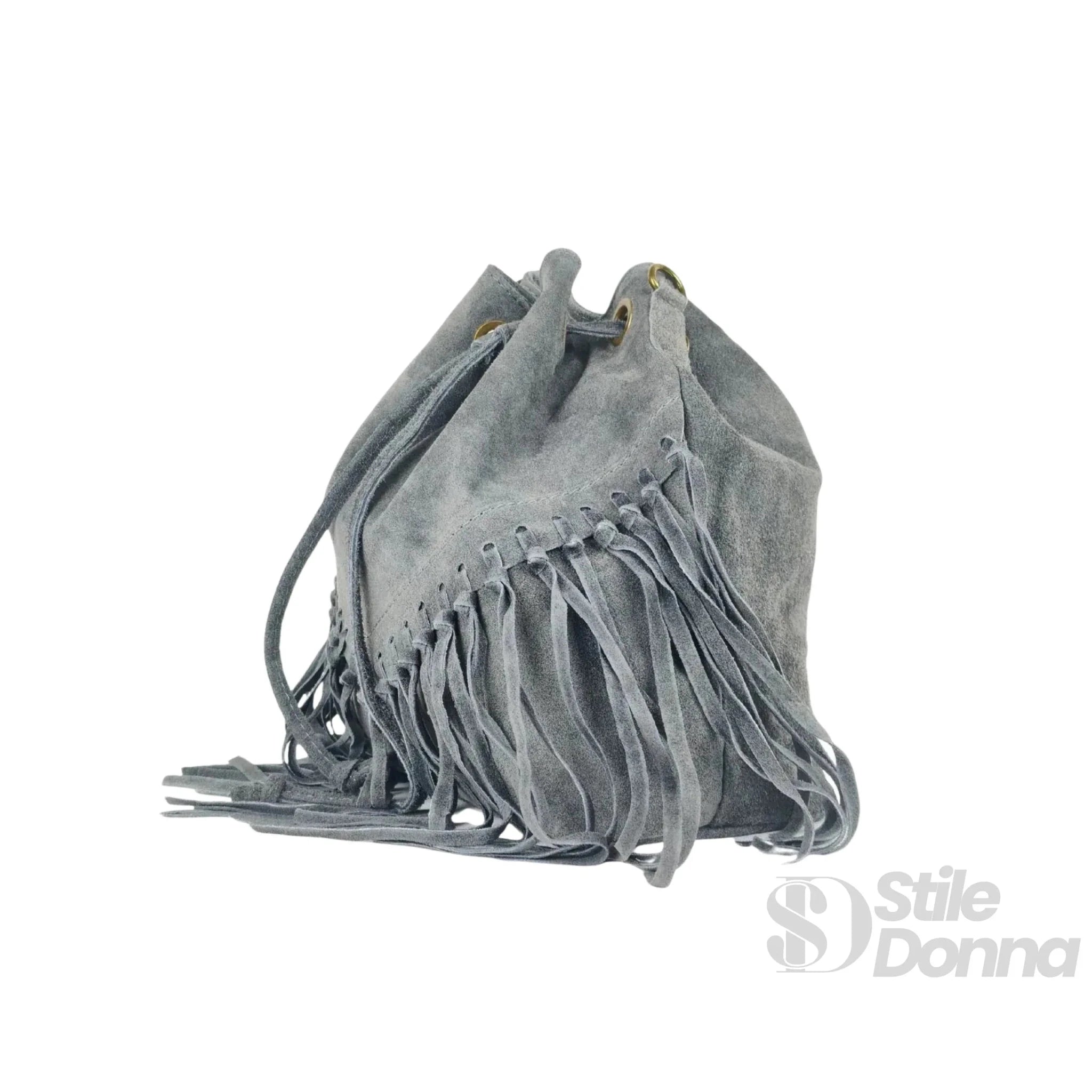 Borsa a Secchiello in Pelle Scamosciata con Frange e Tracolla Regolabile - Stile Donna Bags