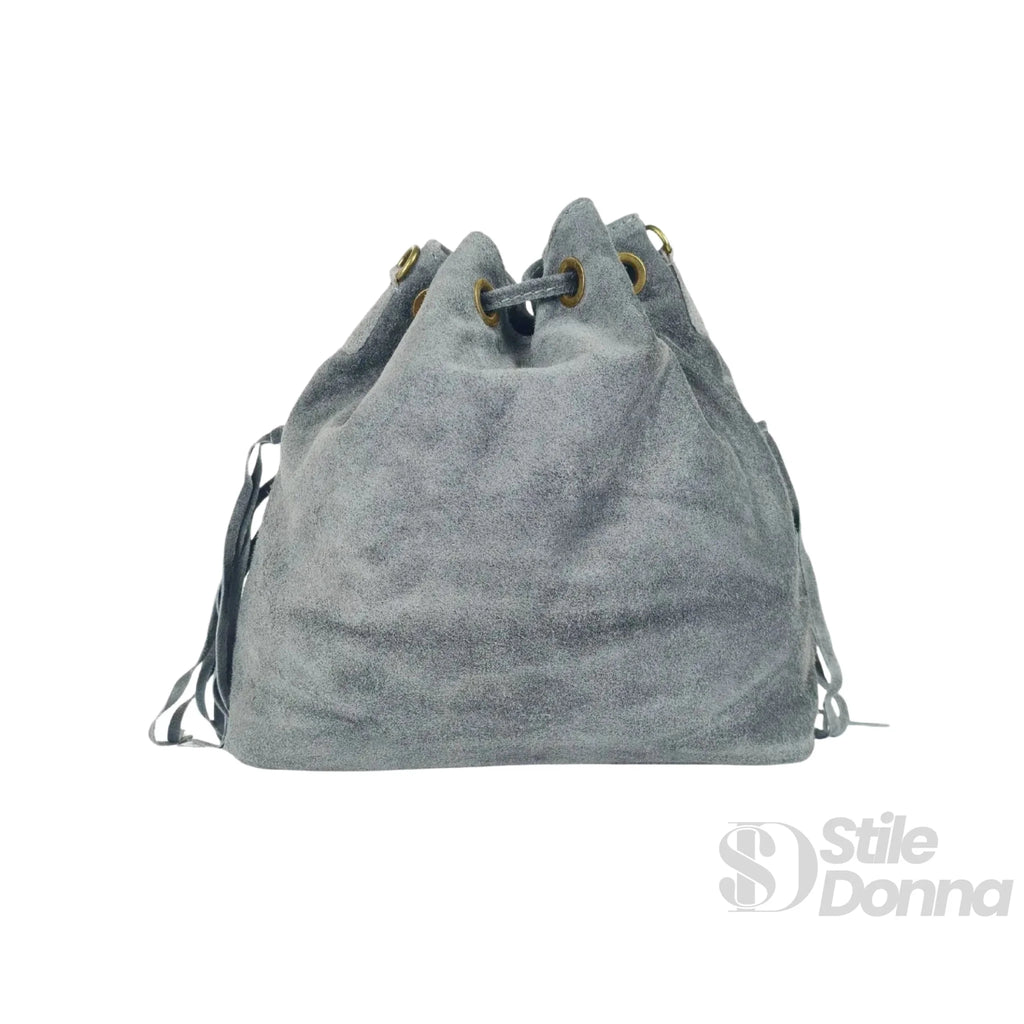 Borsa a Secchiello in Pelle Scamosciata con Frange e Tracolla Regolabile - Stile Donna Bags