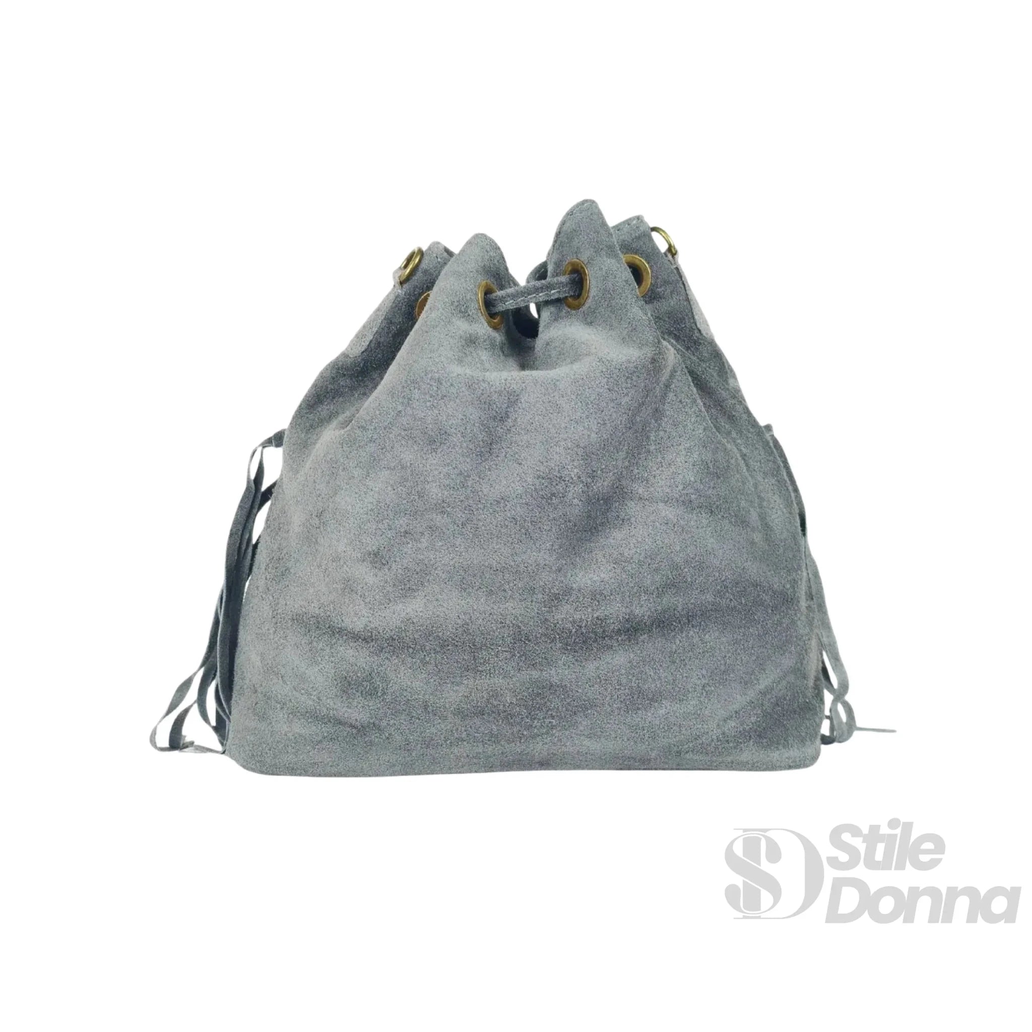 Borsa a Secchiello in Pelle Scamosciata con Frange e Tracolla Regolabile - Stile Donna Bags