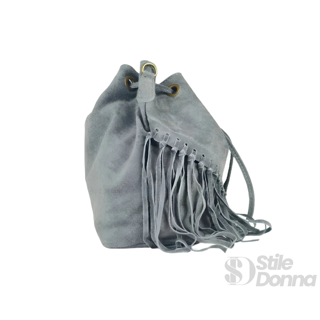 Borsa a Secchiello in Pelle Scamosciata con Frange e Tracolla Regolabile - Stile Donna Bags