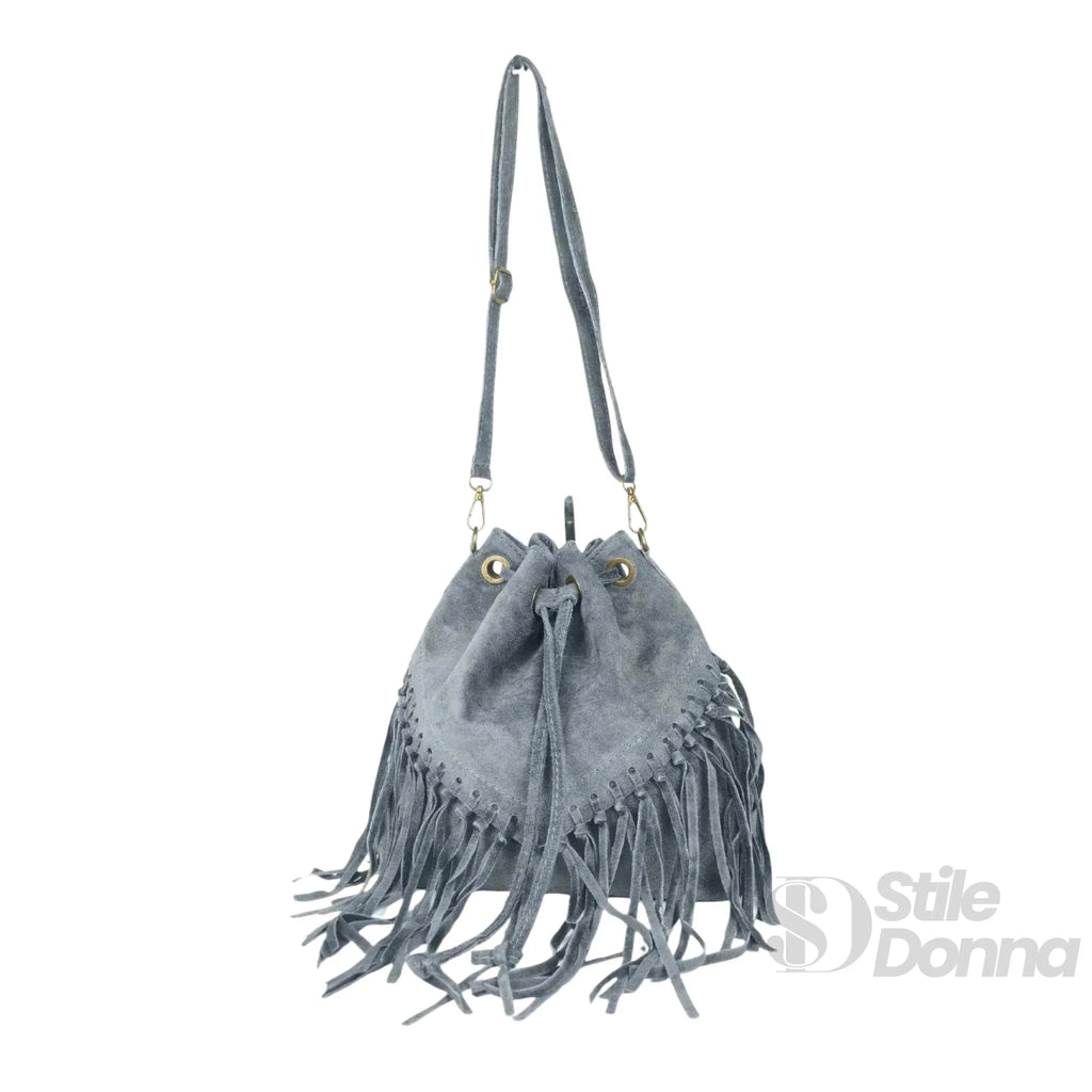 Borsa a Secchiello in Pelle Scamosciata con Frange e Tracolla Regolabile - Stile Donna Bags