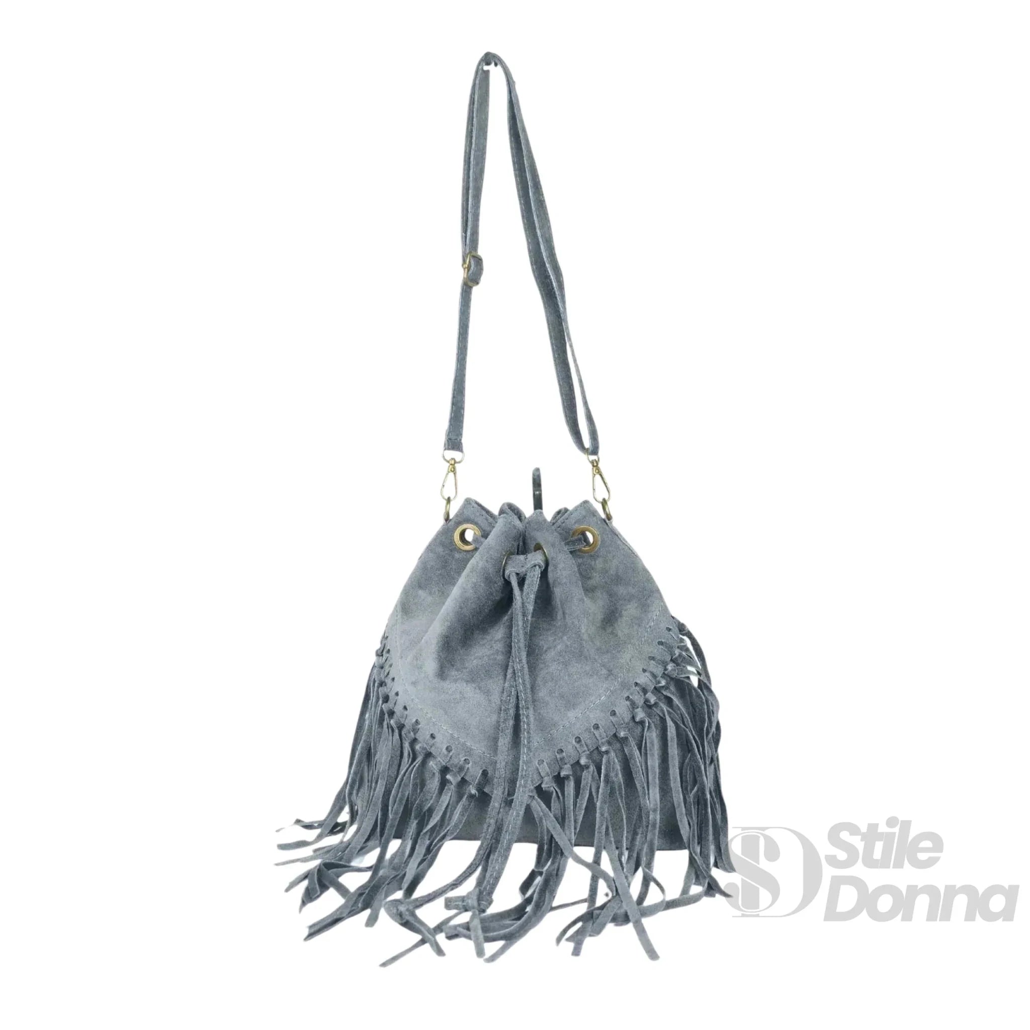 Borsa a Secchiello in Pelle Scamosciata con Frange e Tracolla Regolabile - Stile Donna Bags