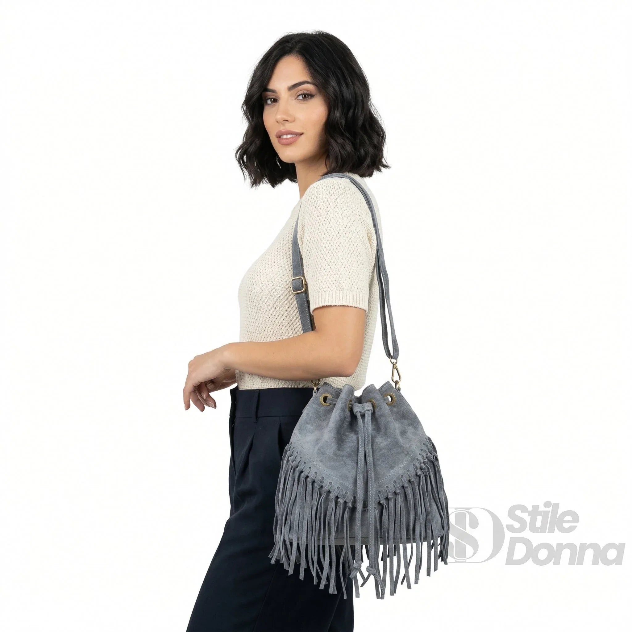 Borsa a Secchiello in Pelle Scamosciata con Frange e Tracolla Regolabile - Stile Donna Bags