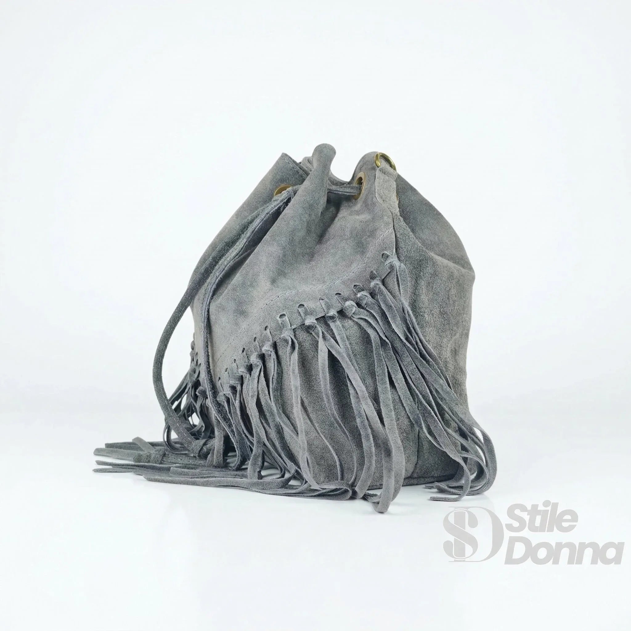 Borsa a Secchiello in Pelle Scamosciata con Frange e Tracolla Regolabile - Stile Donna Bags