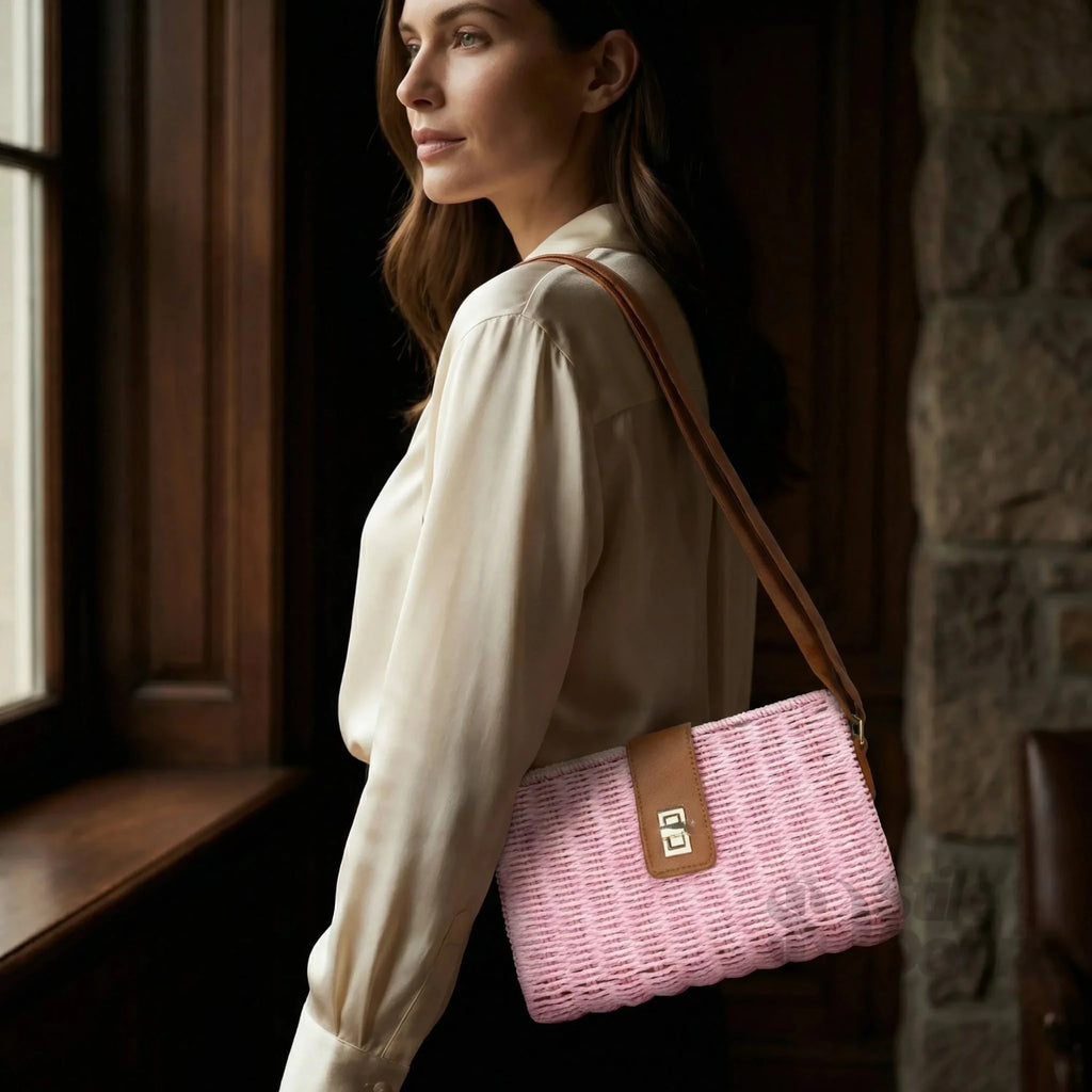 Borsa a Spalla Intrecciata in Paglia con Tracolla Ecopelle e Dettagli Dorati - Stile Donna Bags