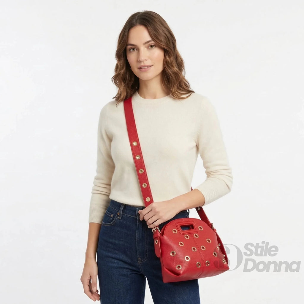 Borsa a Spalla con Occhielli Circolari Dorati in Ecopelle - Stile Donna Bags