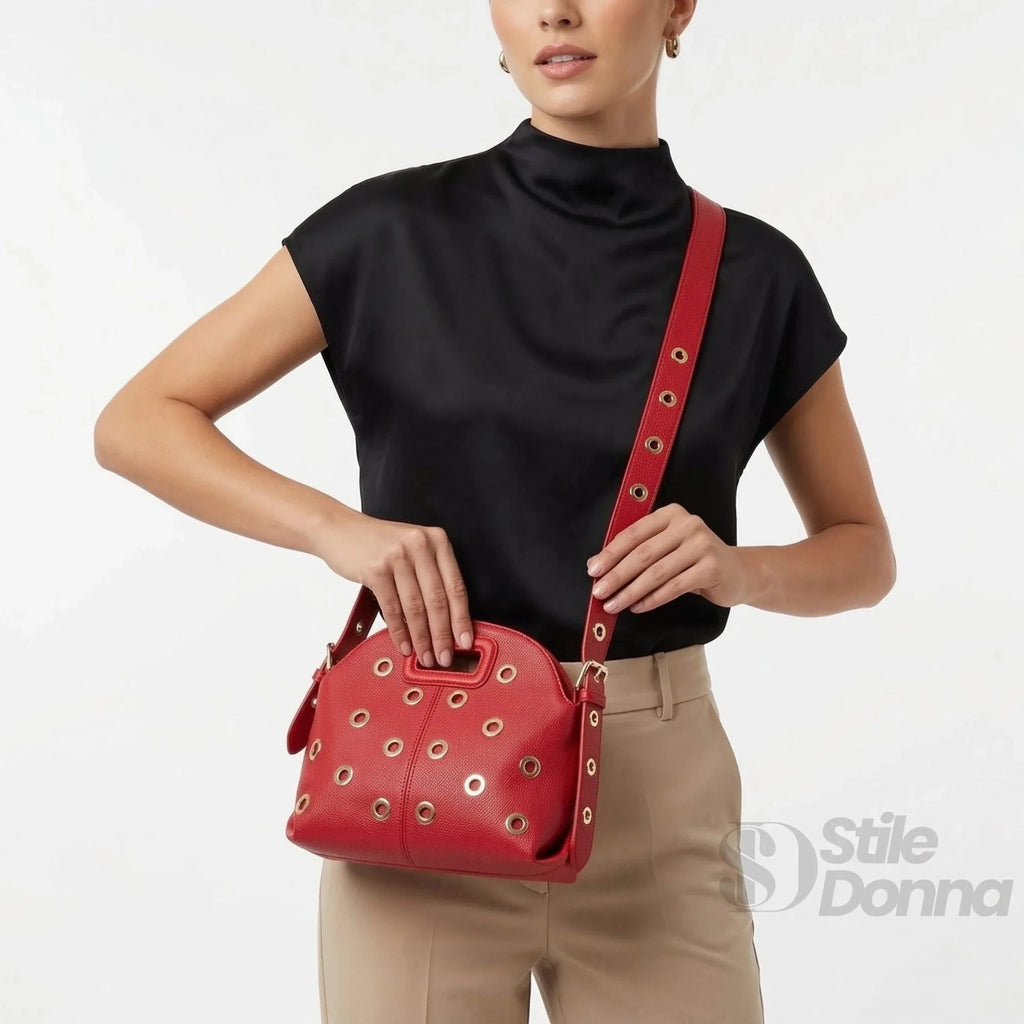 Borsa a Spalla con Occhielli Circolari Dorati in Ecopelle - Stile Donna Bags