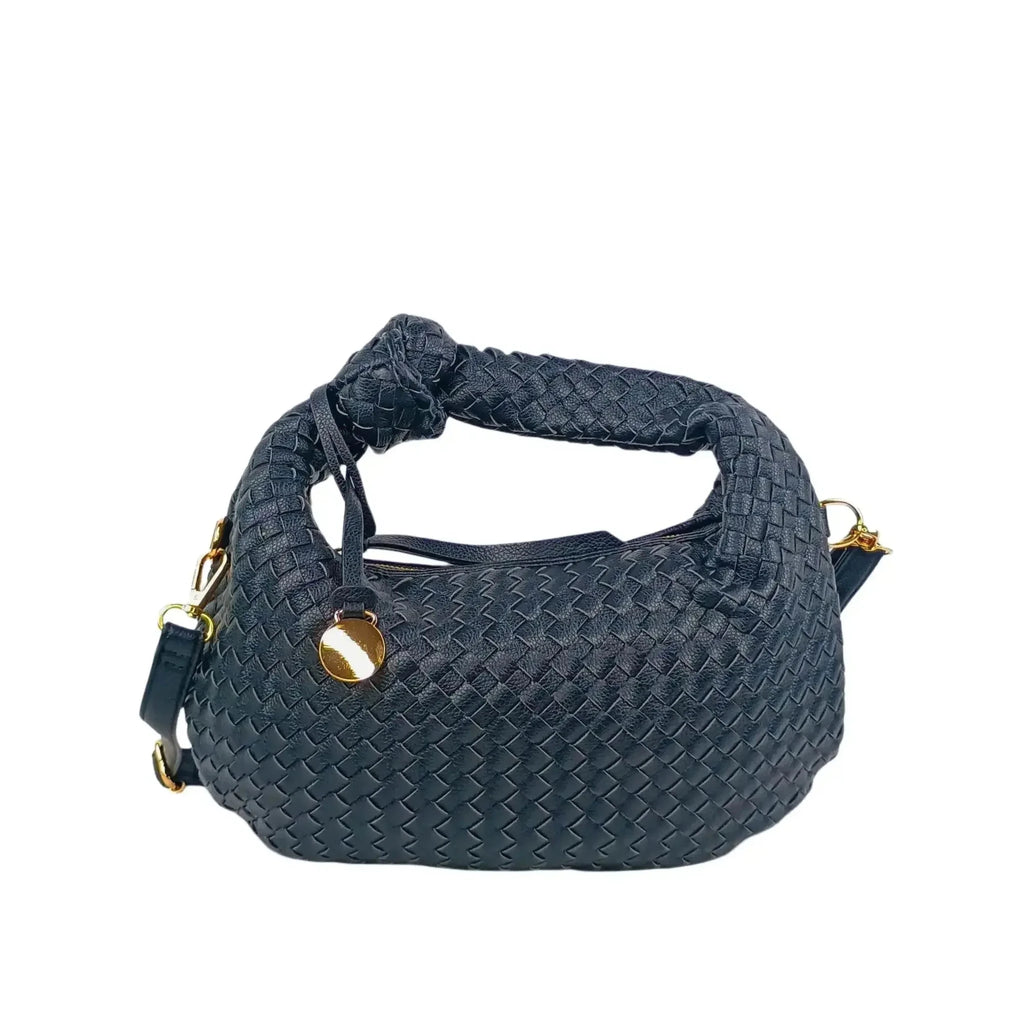 Borsa a Spalla in Ecopelle Intrecciata con Manico a Nodo e Accessori Dorati - Stile Donna Bags