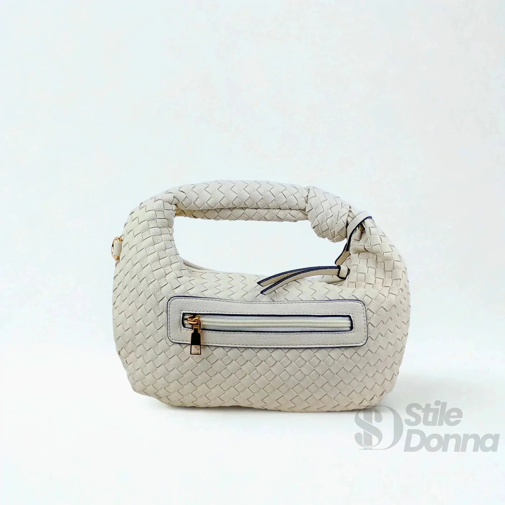 Borsa a Spalla in Ecopelle Intrecciata con Manico a Nodo e Accessori Dorati - Stile Donna Bags