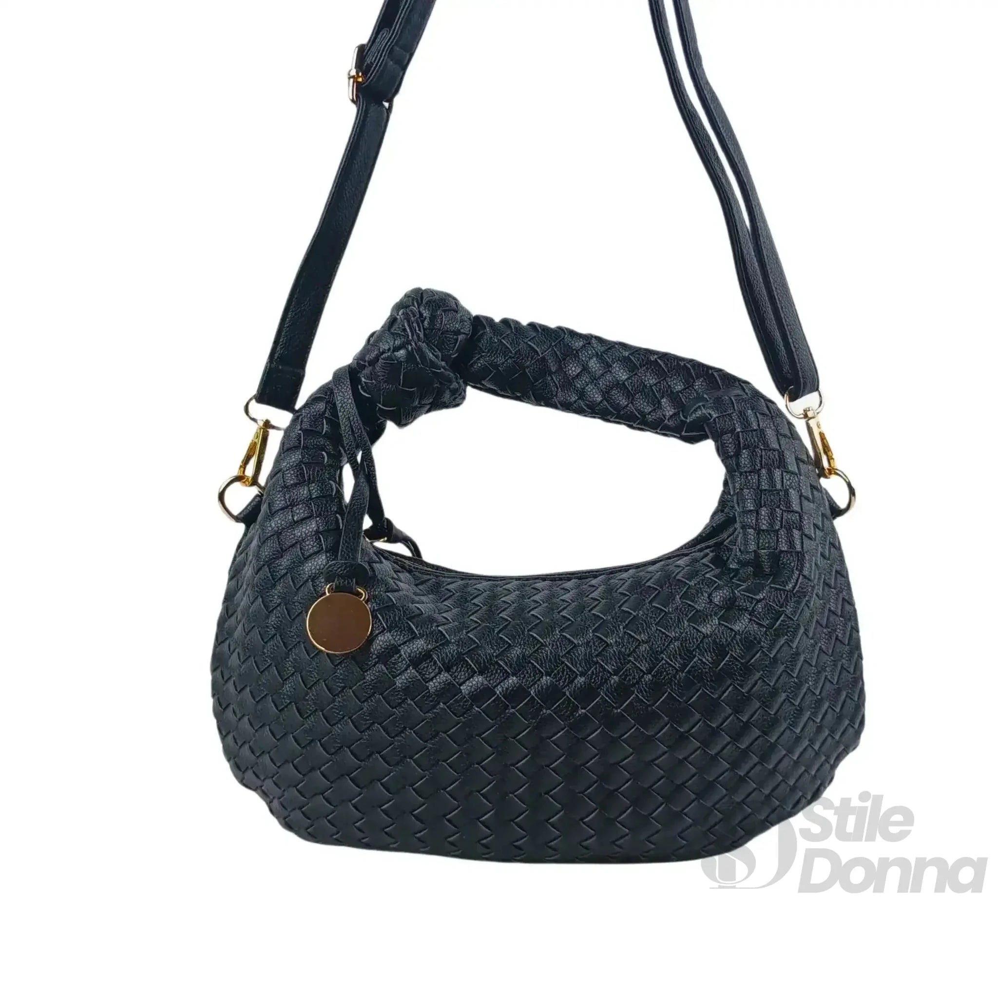 Borsa a Spalla in Ecopelle Intrecciata con Manico a Nodo e Accessori Dorati - Stile Donna Bags