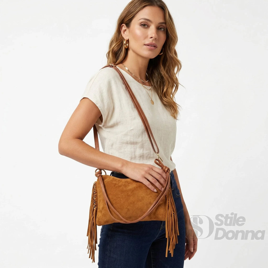 Borsa a Tracolla Camilla Boho in Pelle Scamosciata con Frange - Stile Donna Bags