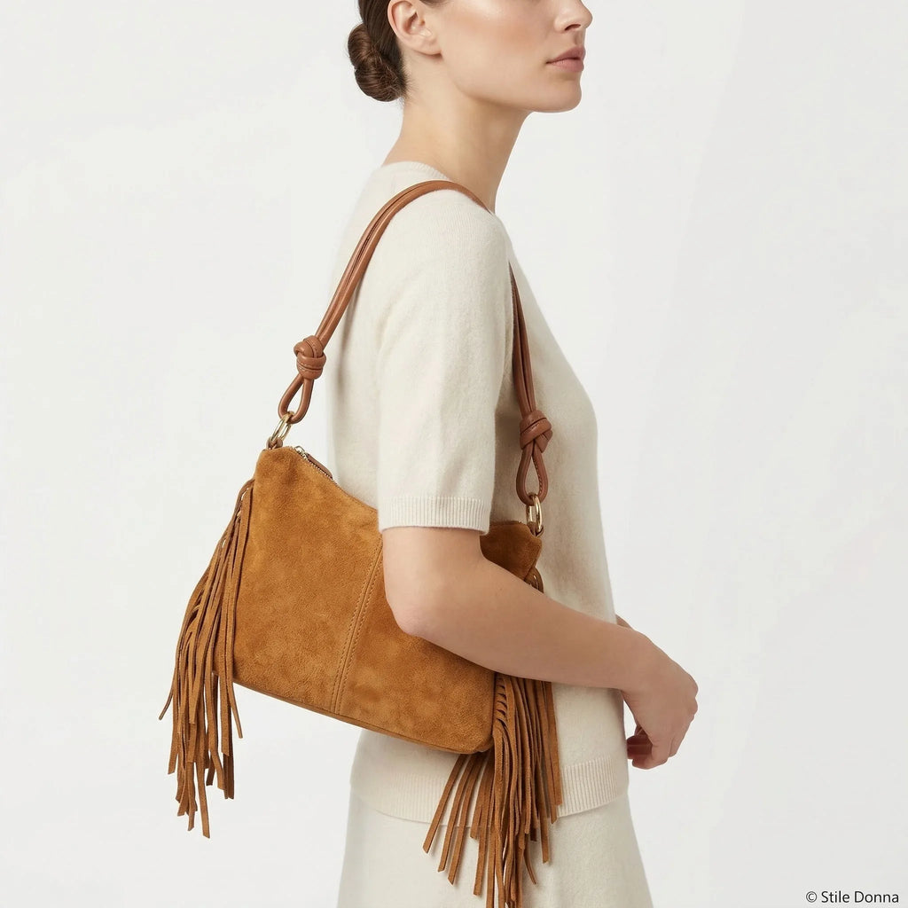 Borsa a Tracolla Camilla Boho in Pelle Scamosciata con Frange - Stile Donna Bags