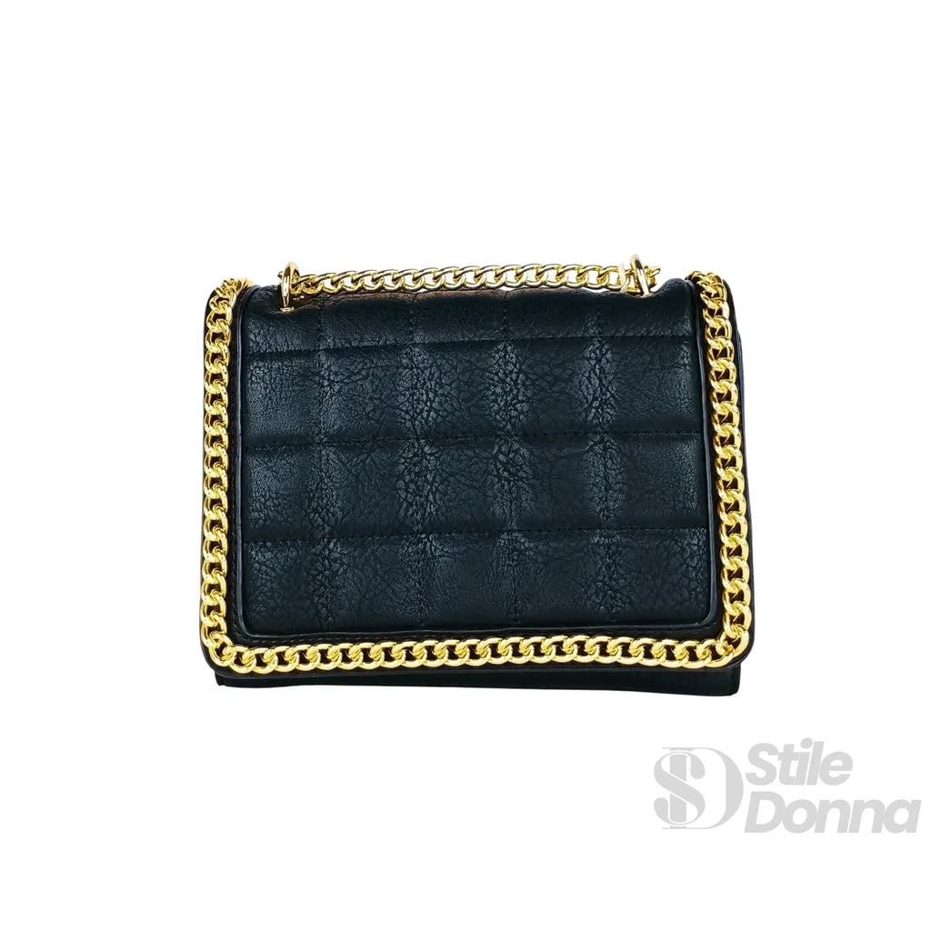 Borsa a Tracolla Nera Trapuntata in Ecopelle con Catena Dorata - Stile Donna Bags