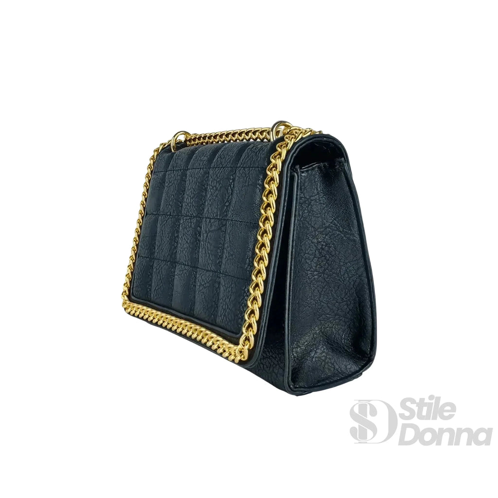Borsa a Tracolla Nera Trapuntata in Ecopelle con Catena Dorata - Stile Donna Bags