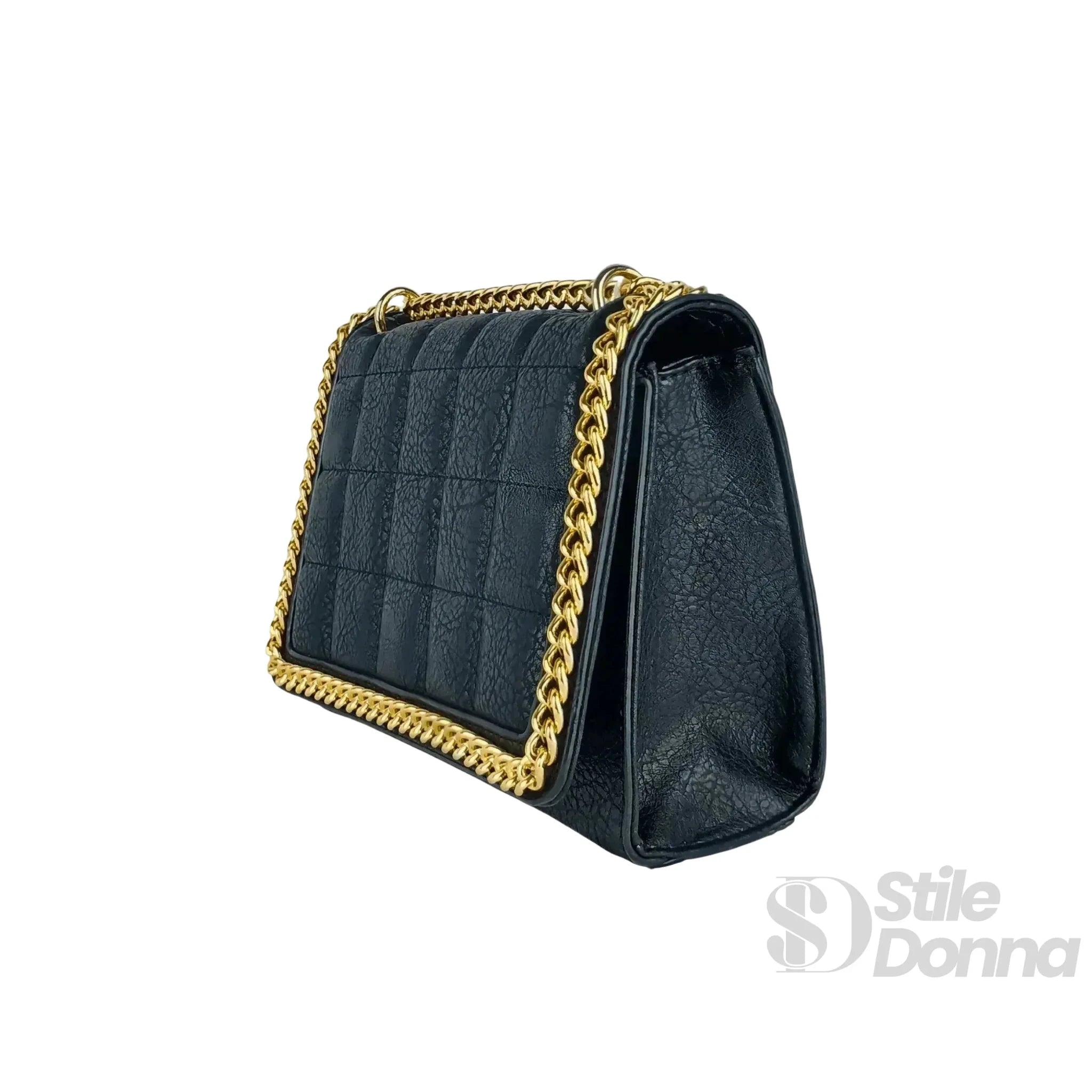 Borsa a Tracolla Nera Trapuntata in Ecopelle con Catena Dorata - Stile Donna Bags