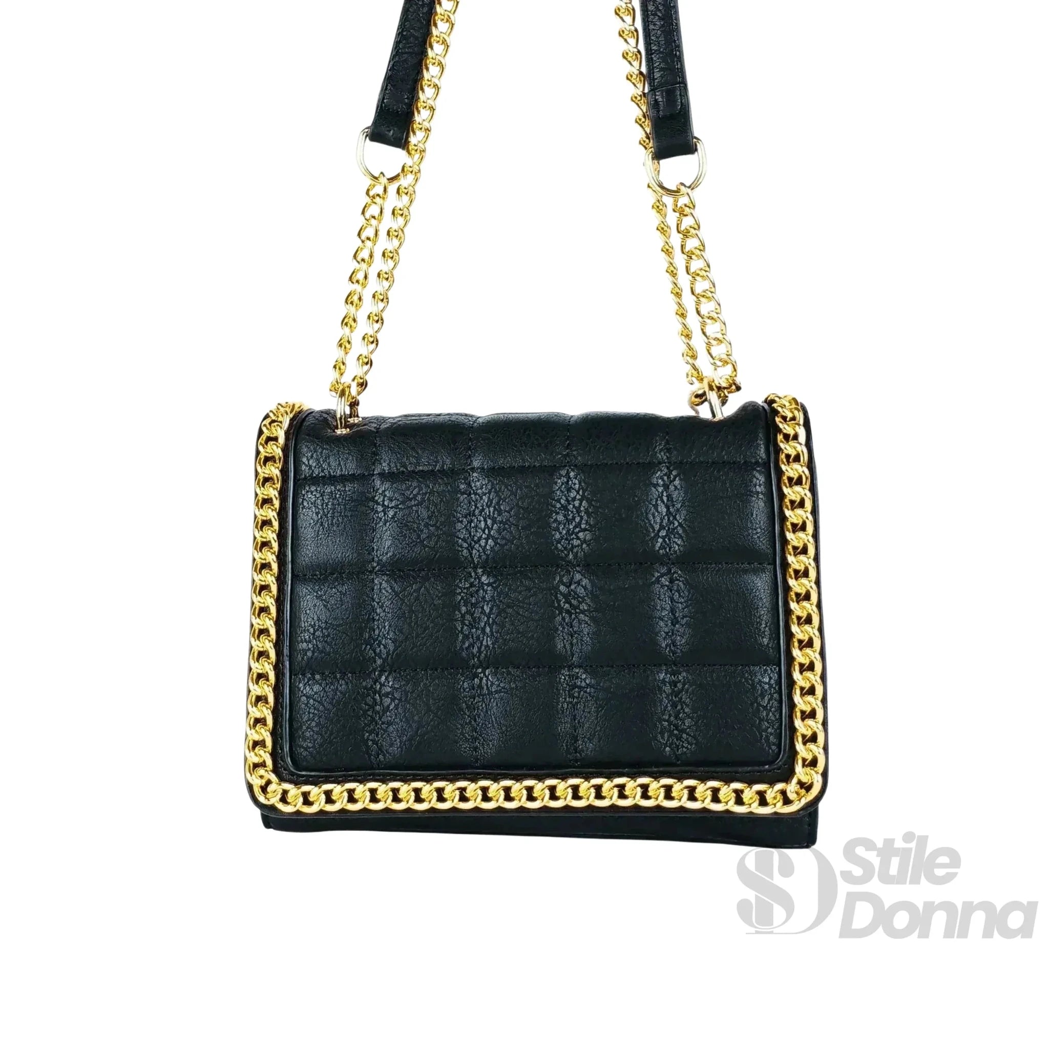 Borsa a Tracolla Nera Trapuntata in Ecopelle con Catena Dorata - Stile Donna Bags