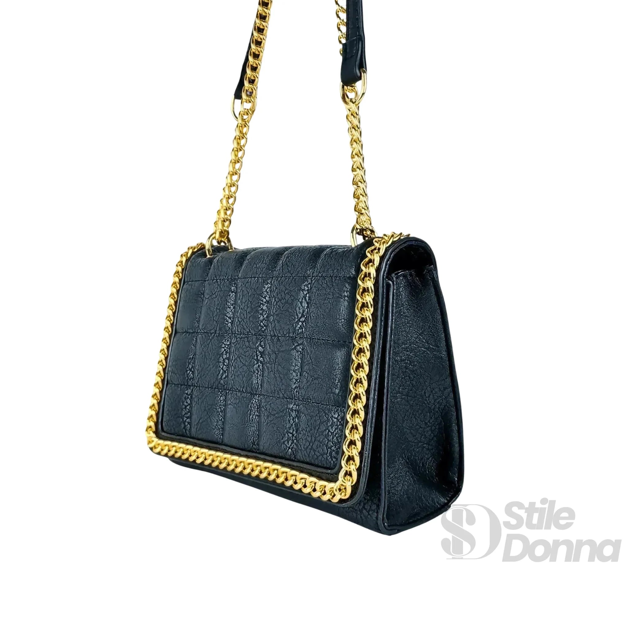 Borsa a Tracolla Nera Trapuntata in Ecopelle con Catena Dorata - Stile Donna Bags