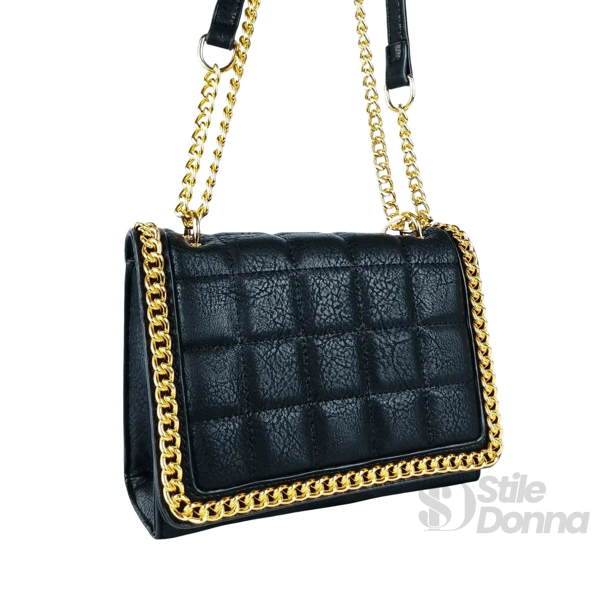 Borsa a Tracolla Nera Trapuntata in Ecopelle con Catena Dorata - Stile Donna Bags