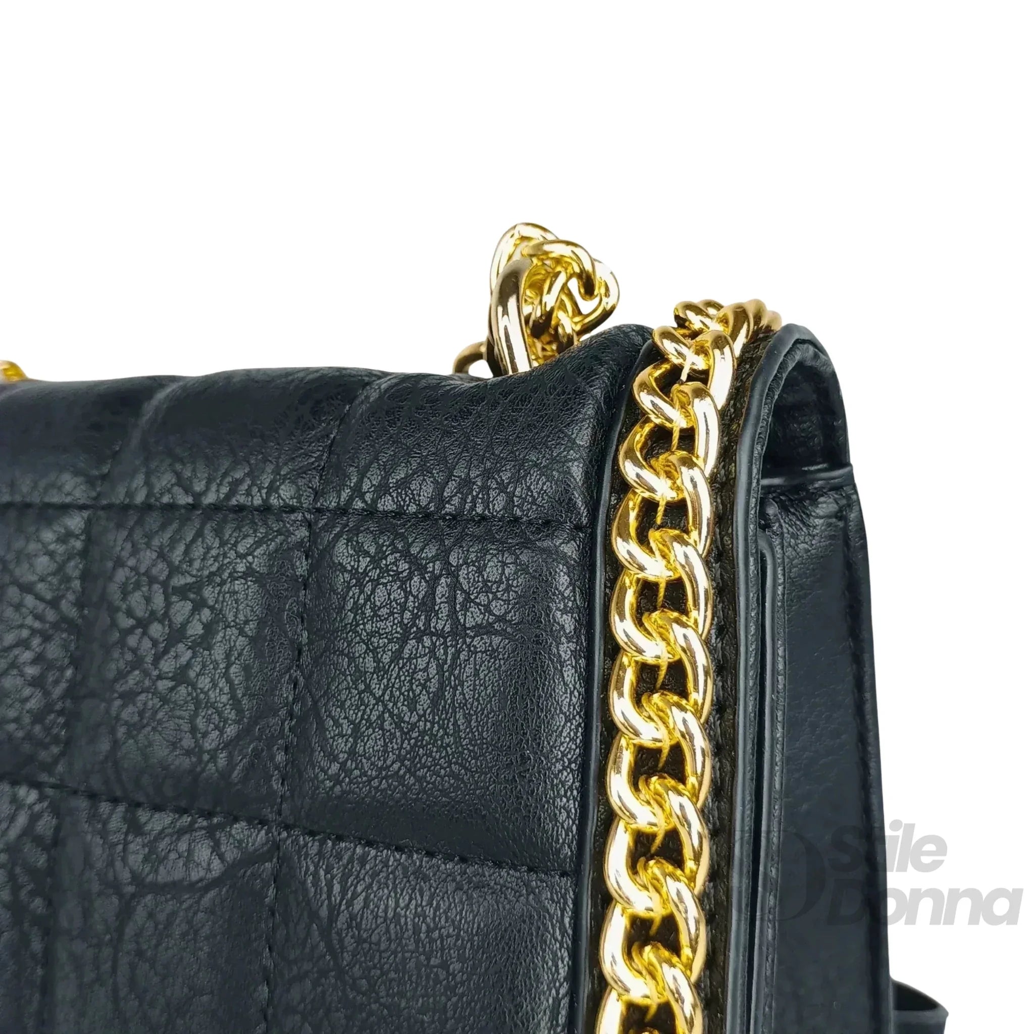 Borsa a Tracolla Nera Trapuntata in Ecopelle con Catena Dorata - Stile Donna Bags