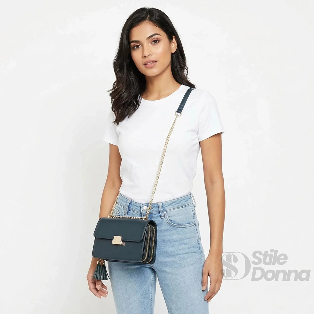 Borsa a Tracolla Vallo in Ecopelle Nera con Finiture Dorate - Stile Donna Bags
