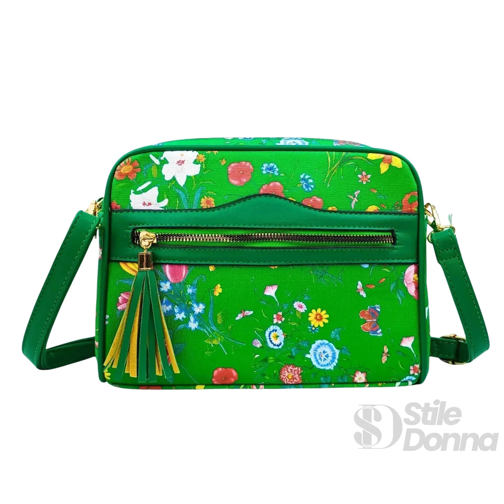Borsa a Tracolla con Stampa Floreale Verde in Ecopelle - Stile Donna Bags