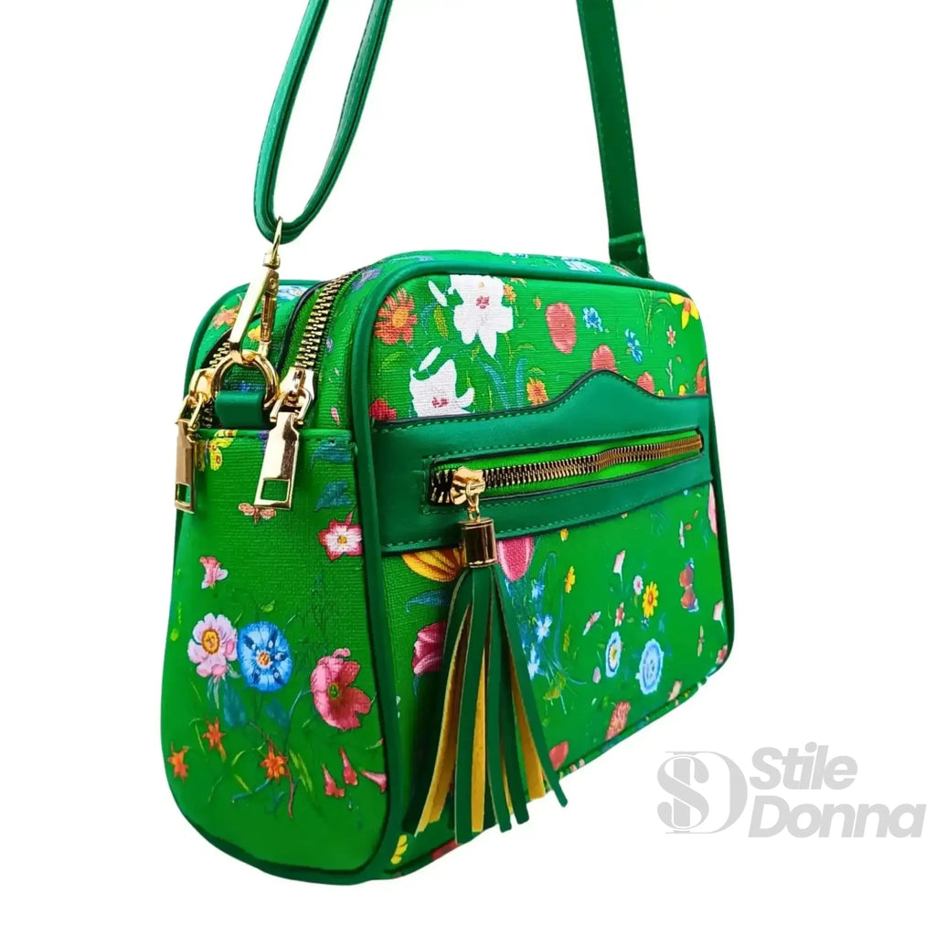 Borsa a Tracolla con Stampa Floreale Verde in Ecopelle - Stile Donna Bags