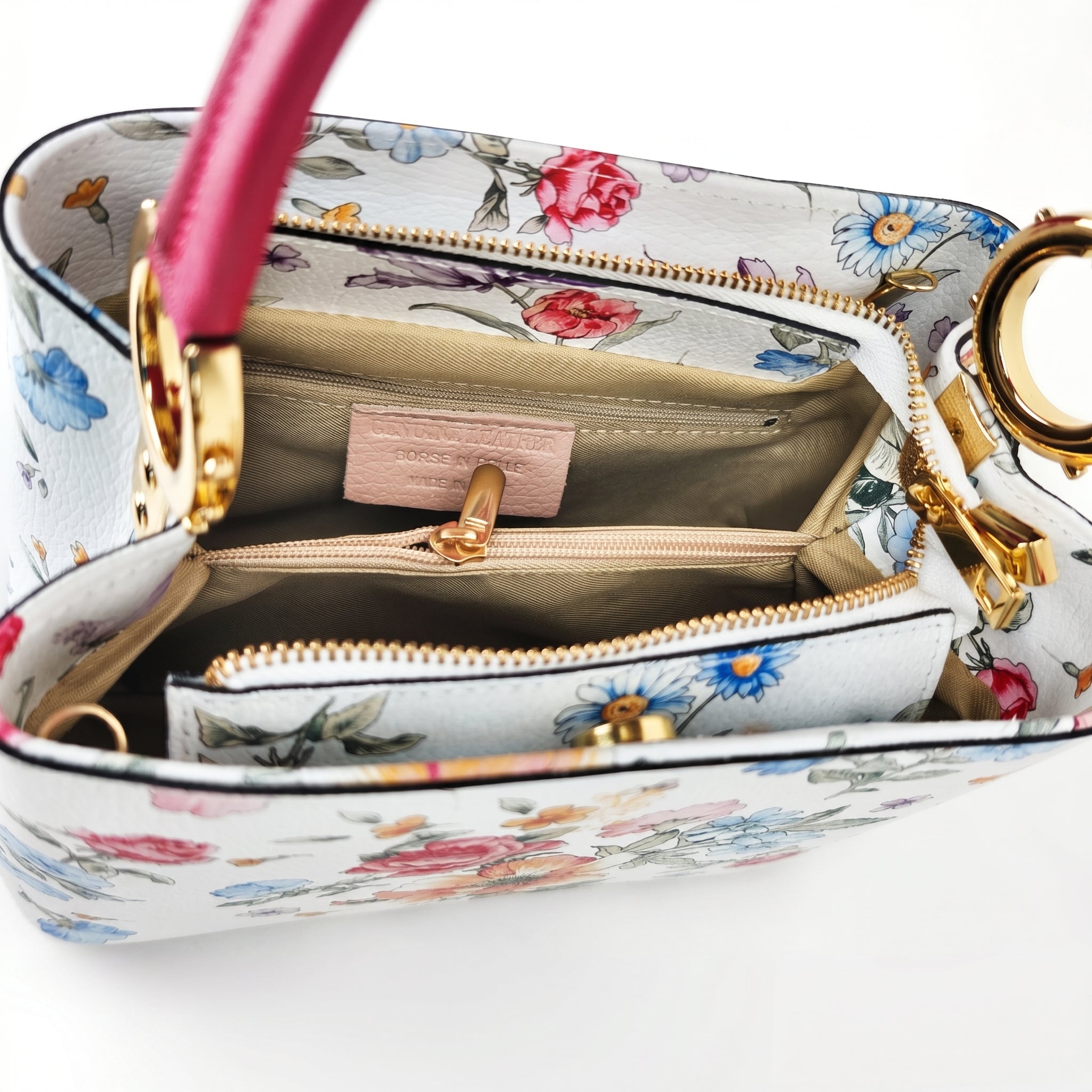 Borsa a Tracolla con Stampa Floreale in Vera Pelle Made in Italy - Stile Donna Bags