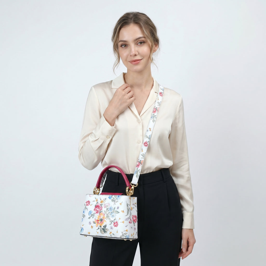 Borsa a Tracolla con Stampa Floreale in Vera Pelle Made in Italy - Stile Donna Bags