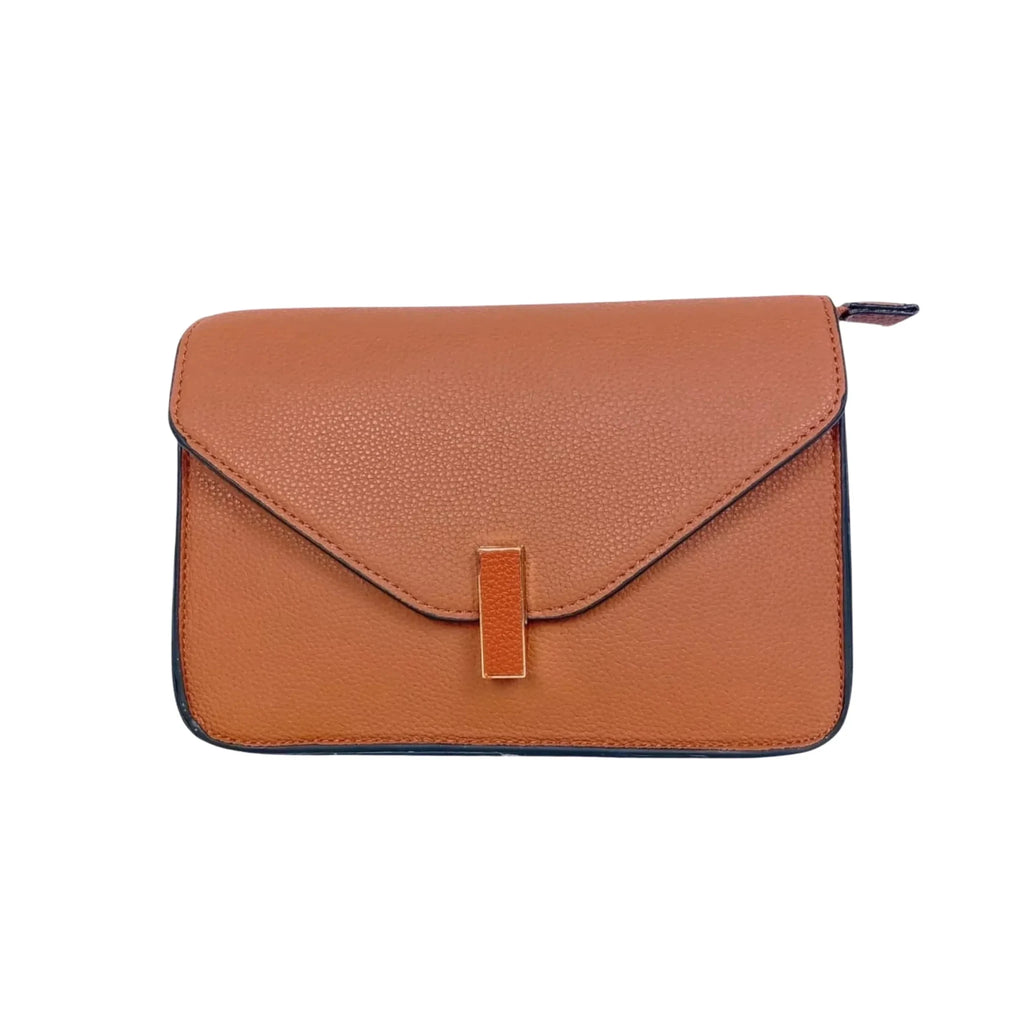 Borsa a Tracolla in Ecopelle Marrone con Chiusura a Girello e Finiture Oro - Stile Donna Bags