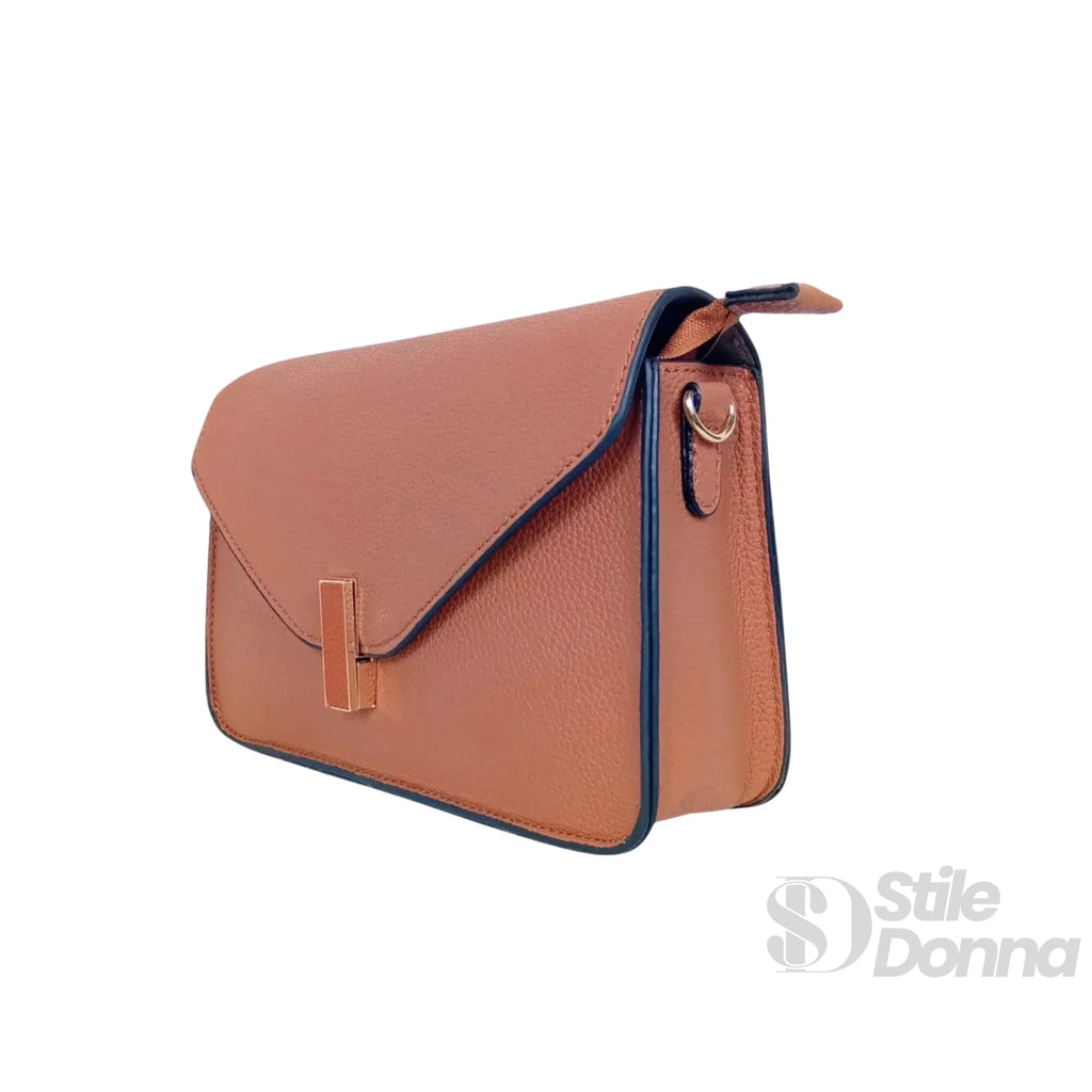 Borsa a Tracolla in Ecopelle Marrone con Chiusura a Girello e Finiture Oro - Stile Donna Bags